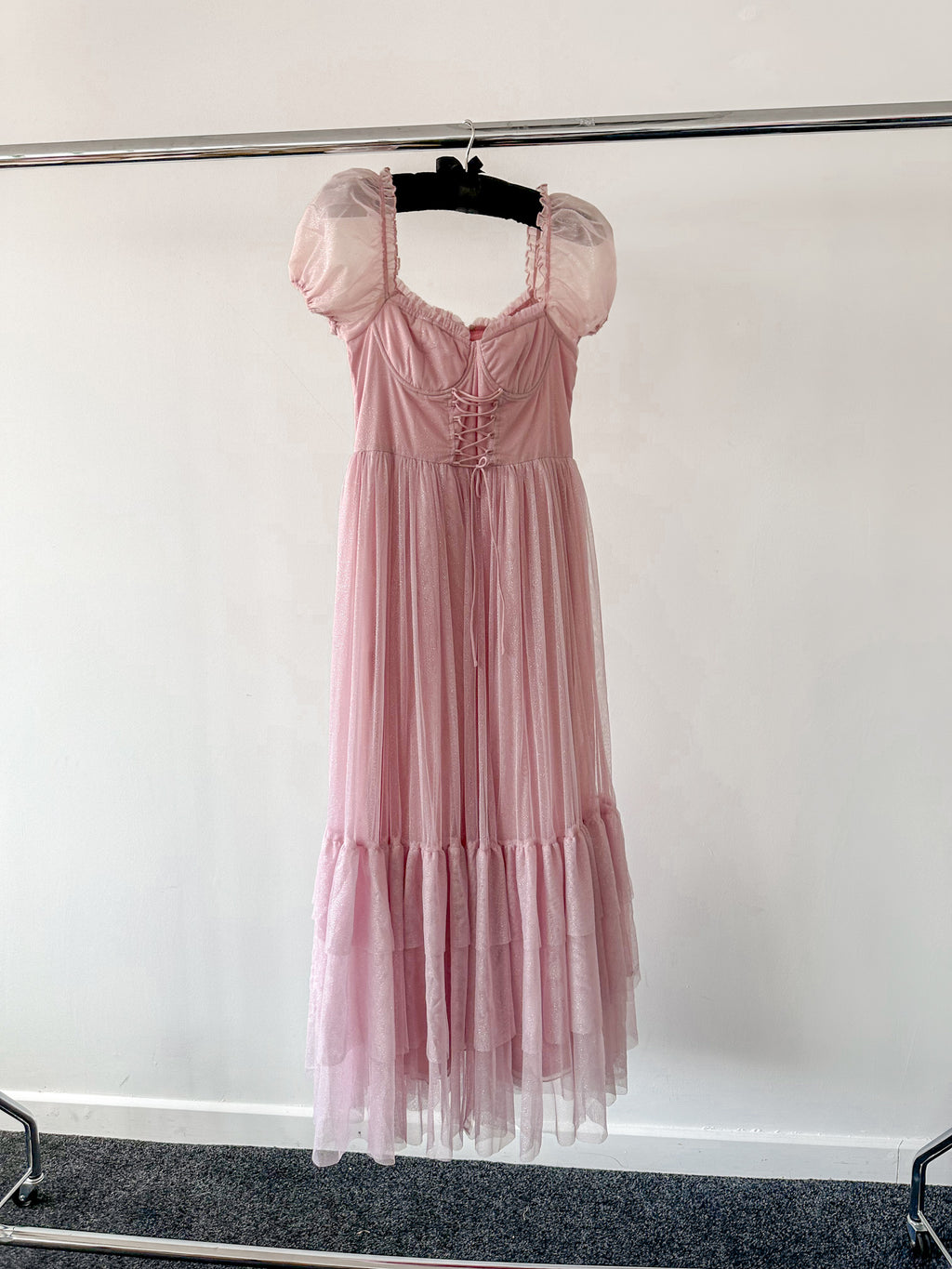 Amy Jane London Pink Tiffany Corset Bodice Sparkly Tulle Puff Sleeve Sweetheart Neck Maxi Gown - House Of Huntington