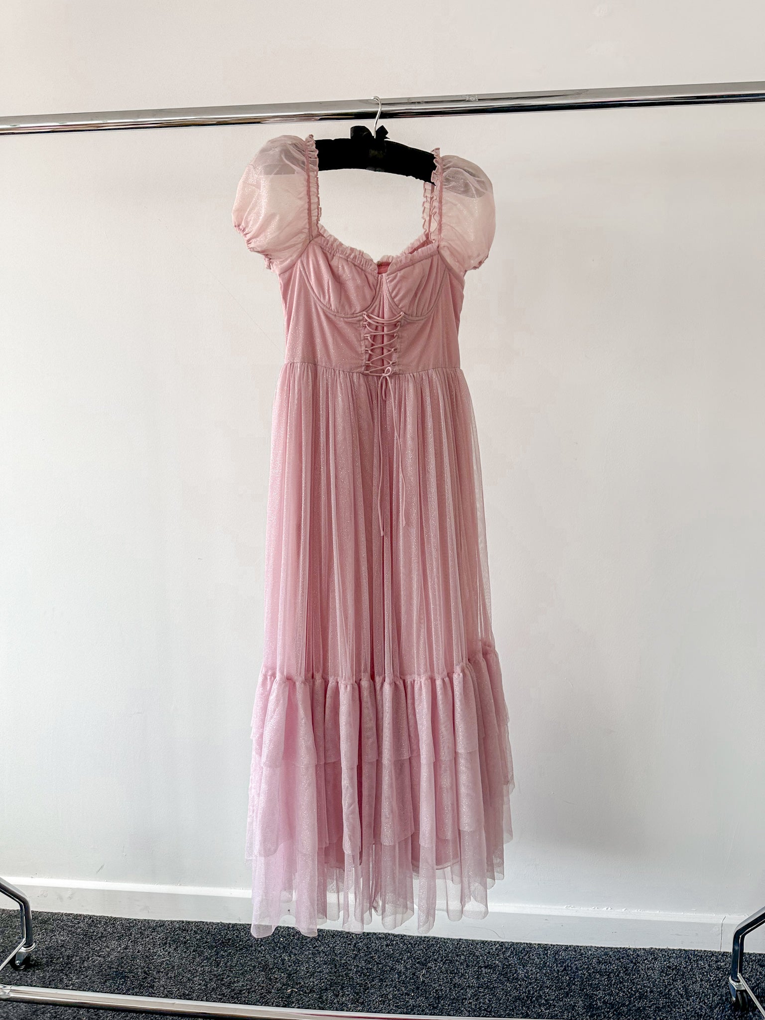 Amy Jane London Pink Tiffany Corset Bodice Sparkly Tulle Puff Sleeve Sweetheart Neck Maxi Gown - House Of Huntington