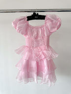 Amy Jane London Pink Arabella Organza Puff Sleeve Corset Bodice Fairytale Coquette Mini Dress - House Of Huntington