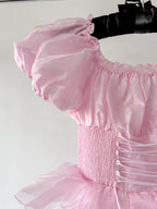 Amy Jane London Pink Arabella Organza Puff Sleeve Corset Bodice Fairytale Coquette Mini Dress - House Of Huntington