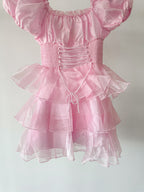 Amy Jane London Pink Arabella Organza Puff Sleeve Corset Bodice Fairytale Coquette Mini Dress - House Of Huntington