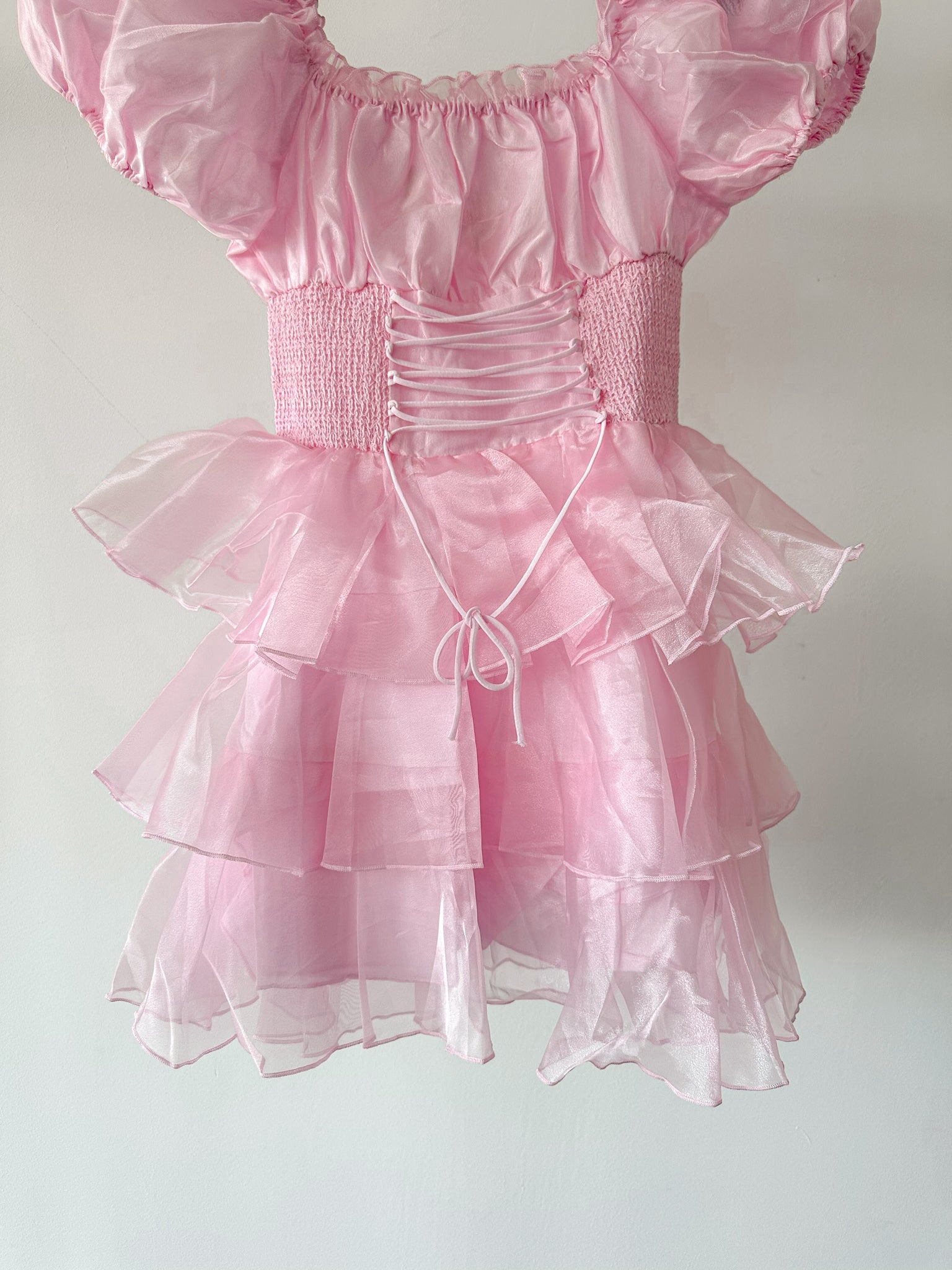 Amy Jane London Pink Arabella Organza Puff Sleeve Corset Bodice Fairytale Coquette Mini Dress - House Of Huntington