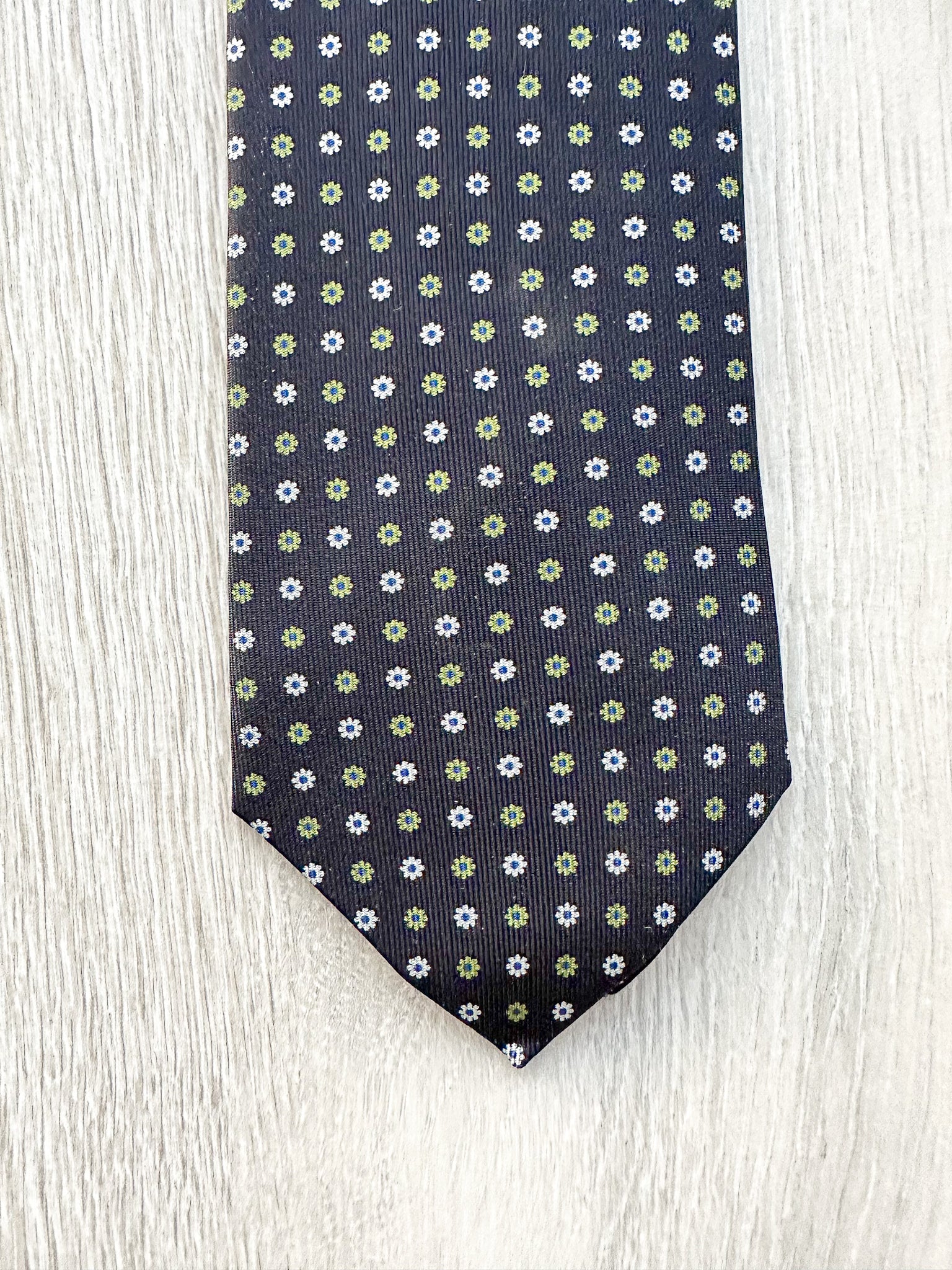 E Marinella Black Silk Tie Green white Floral Print