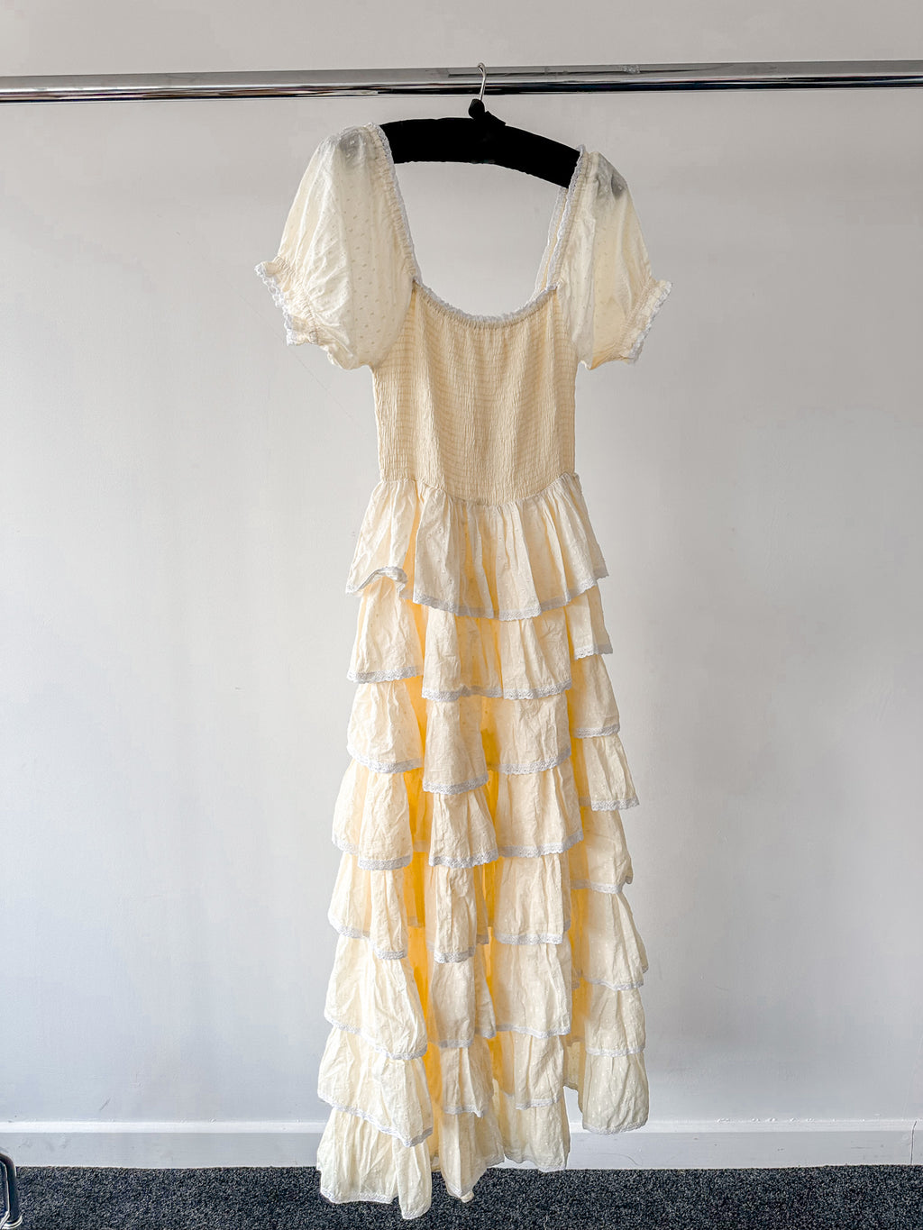 Amy Jane London Lemon Yellow Luna Tiered Ruffled Puff Sleeve Maxi Dress - House Of Huntington