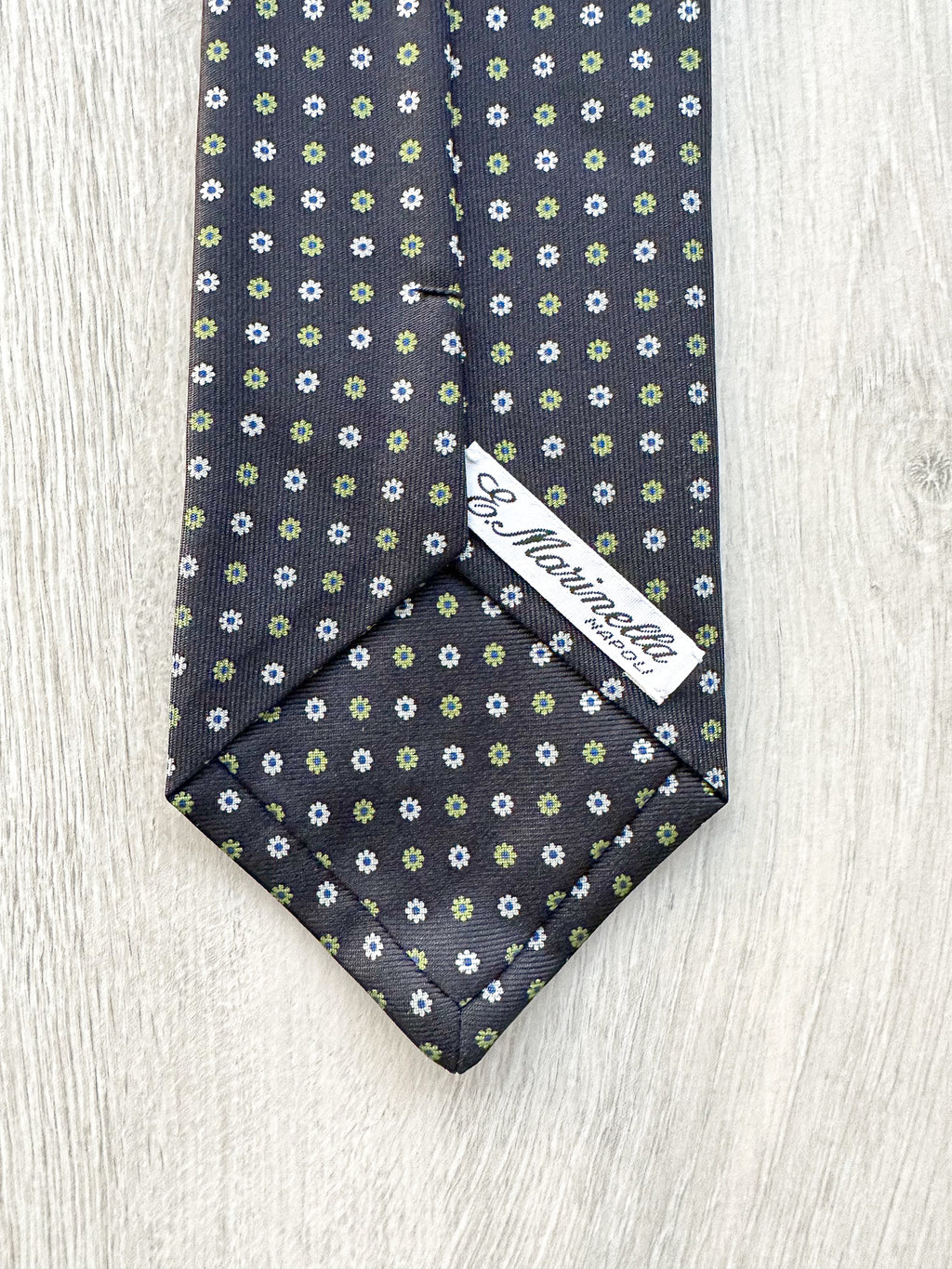 E Marinella Black Silk Tie Green white Floral Print