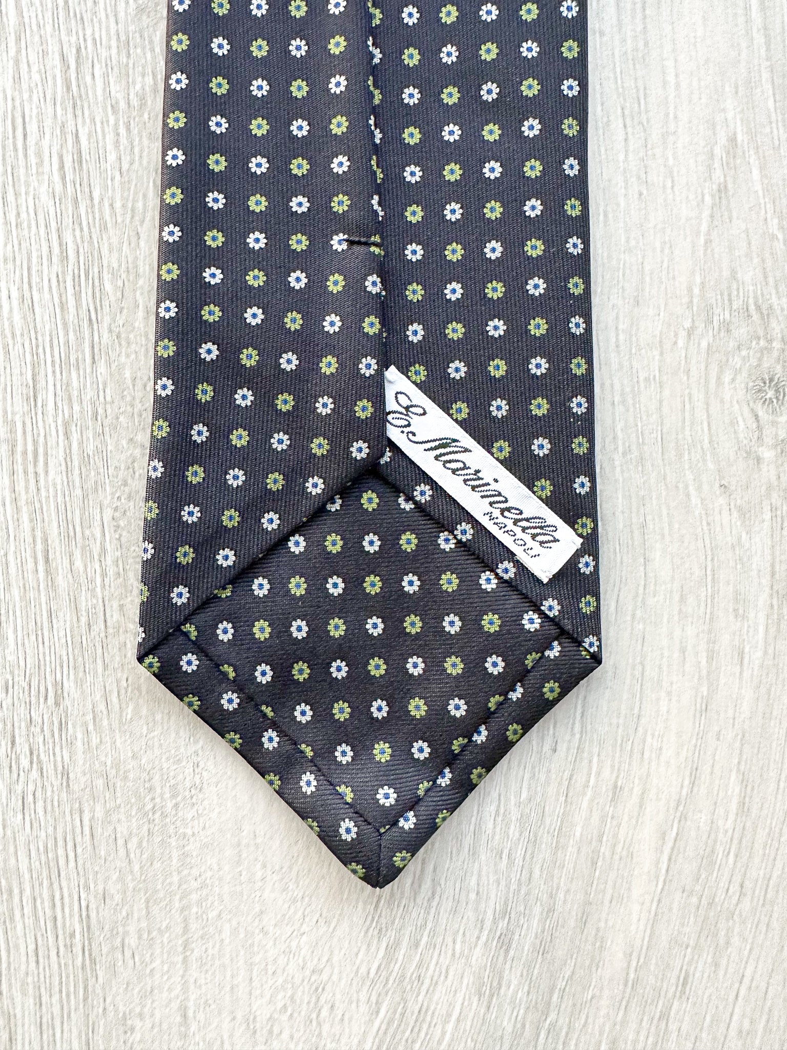 E Marinella Black Silk Tie Green white Floral Print