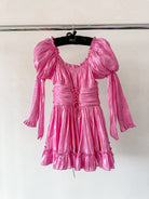Amy Jane London Esmerelda Hot Pink Puff Sleeve Bow Detail Fitted Laced Bodice Prairie Mini Dress - House Of Huntington