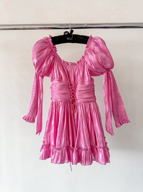 Amy Jane London Esmerelda Hot Pink Puff Sleeve Bow Detail Fitted Laced Bodice Prairie Mini Dress - House Of Huntington