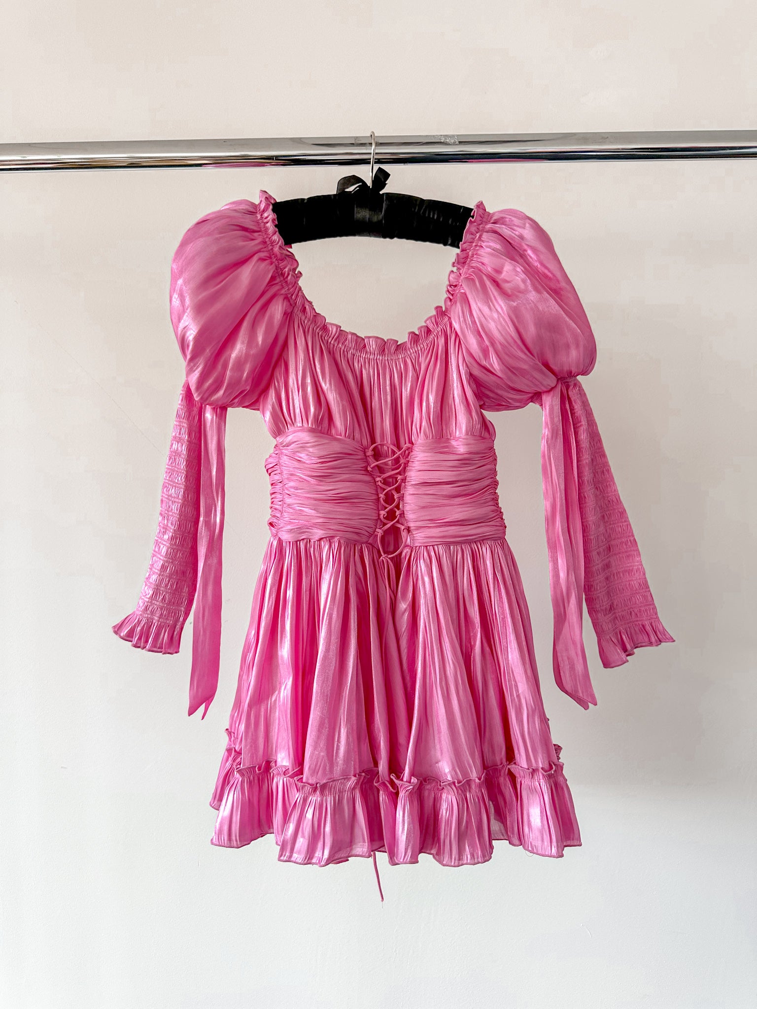 Amy Jane London Esmerelda Hot Pink Puff Sleeve Bow Detail Fitted Laced Bodice Prairie Mini Dress - House Of Huntington
