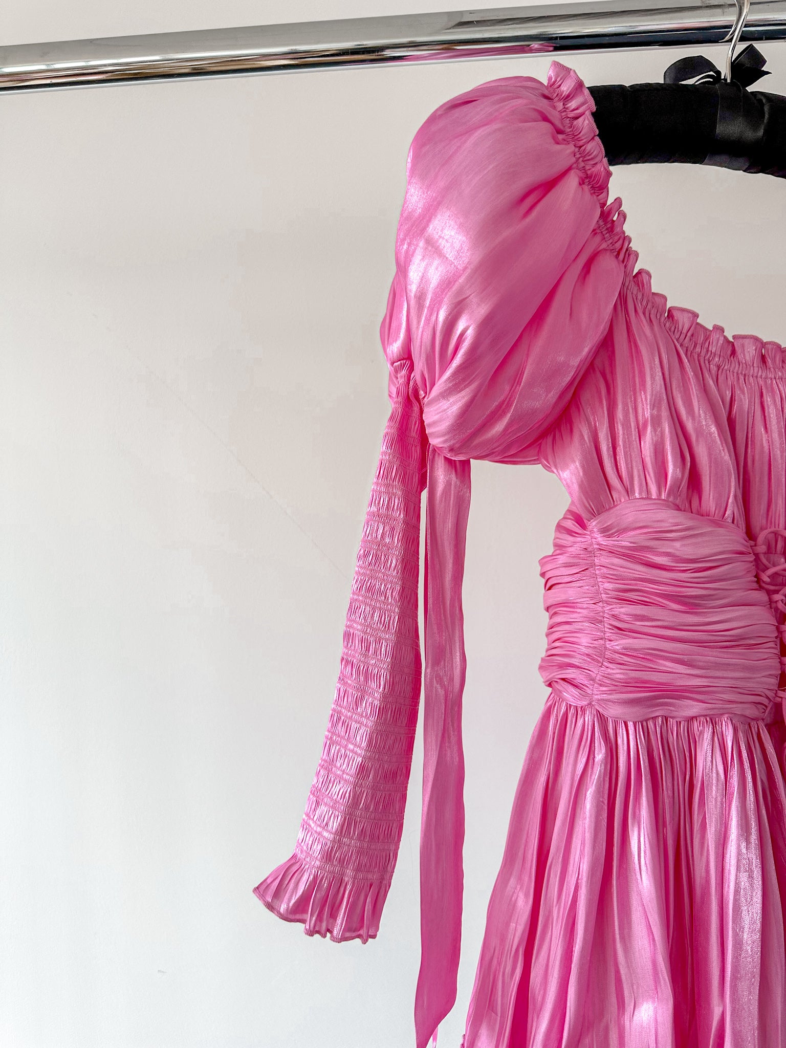 Amy Jane London Esmerelda Hot Pink Puff Sleeve Bow Detail Fitted Laced Bodice Prairie Mini Dress - House Of Huntington