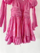 Amy Jane London Esmerelda Hot Pink Puff Sleeve Bow Detail Fitted Laced Bodice Prairie Mini Dress - House Of Huntington