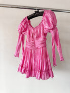 Amy Jane London Esmerelda Hot Pink Puff Sleeve Bow Detail Fitted Laced Bodice Prairie Mini Dress - House Of Huntington