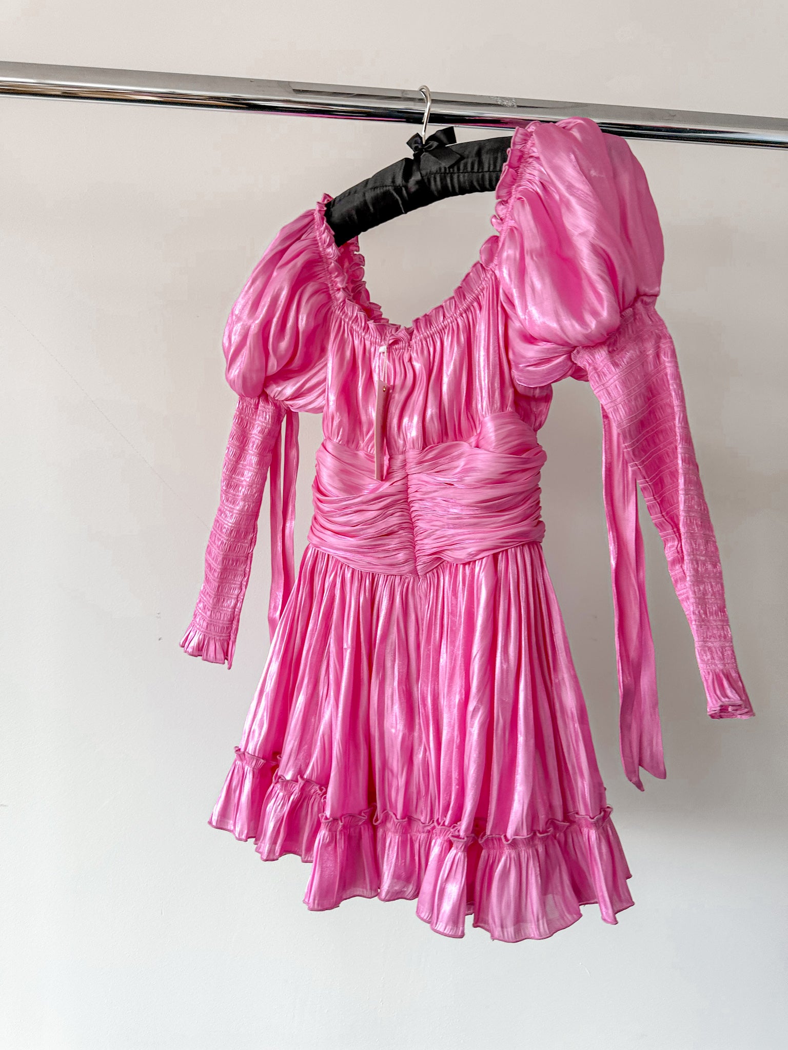 Amy Jane London Esmerelda Hot Pink Puff Sleeve Bow Detail Fitted Laced Bodice Prairie Mini Dress - House Of Huntington