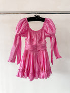 Amy Jane London Esmerelda Hot Pink Puff Sleeve Bow Detail Fitted Laced Bodice Prairie Mini Dress - House Of Huntington