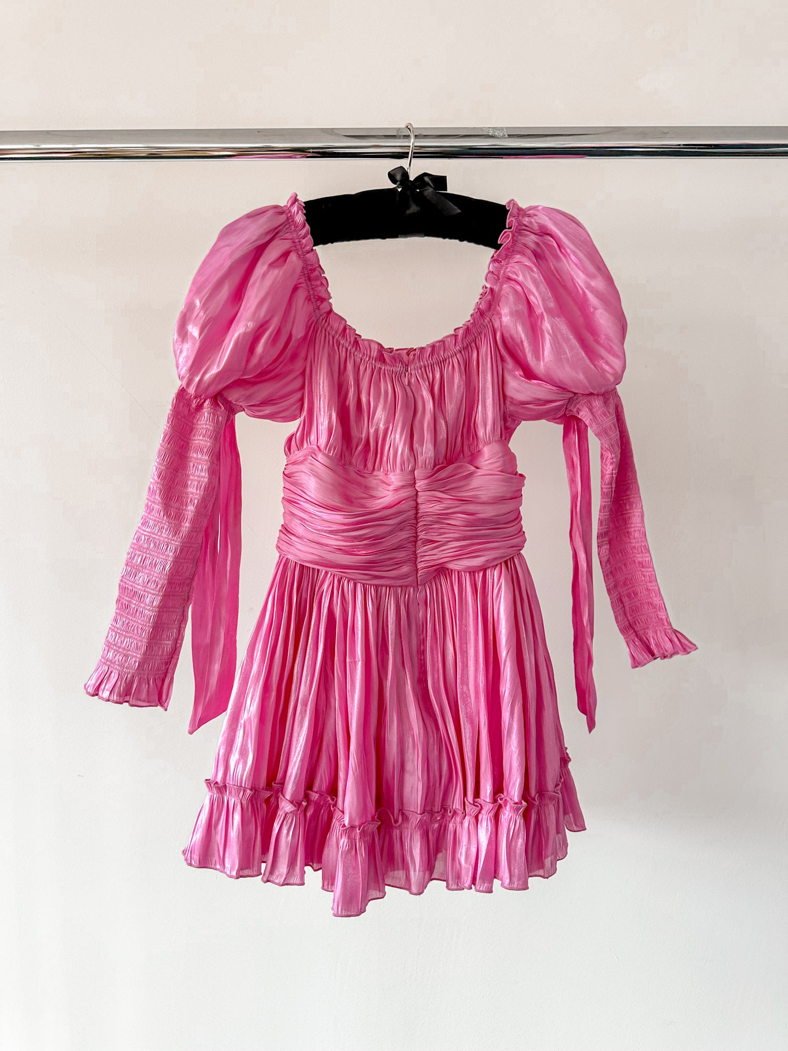 Amy Jane London Esmerelda Hot Pink Puff Sleeve Bow Detail Fitted Laced Bodice Prairie Mini Dress - House Of Huntington