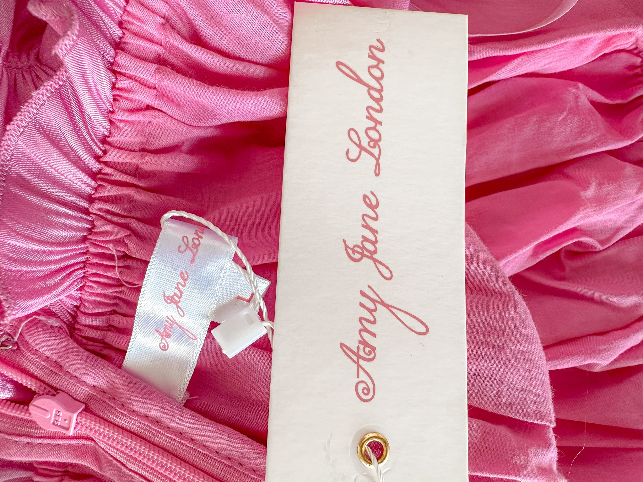Amy Jane London Esmerelda Hot Pink Puff Sleeve Bow Detail Fitted Laced Bodice Prairie Mini Dress - House Of Huntington