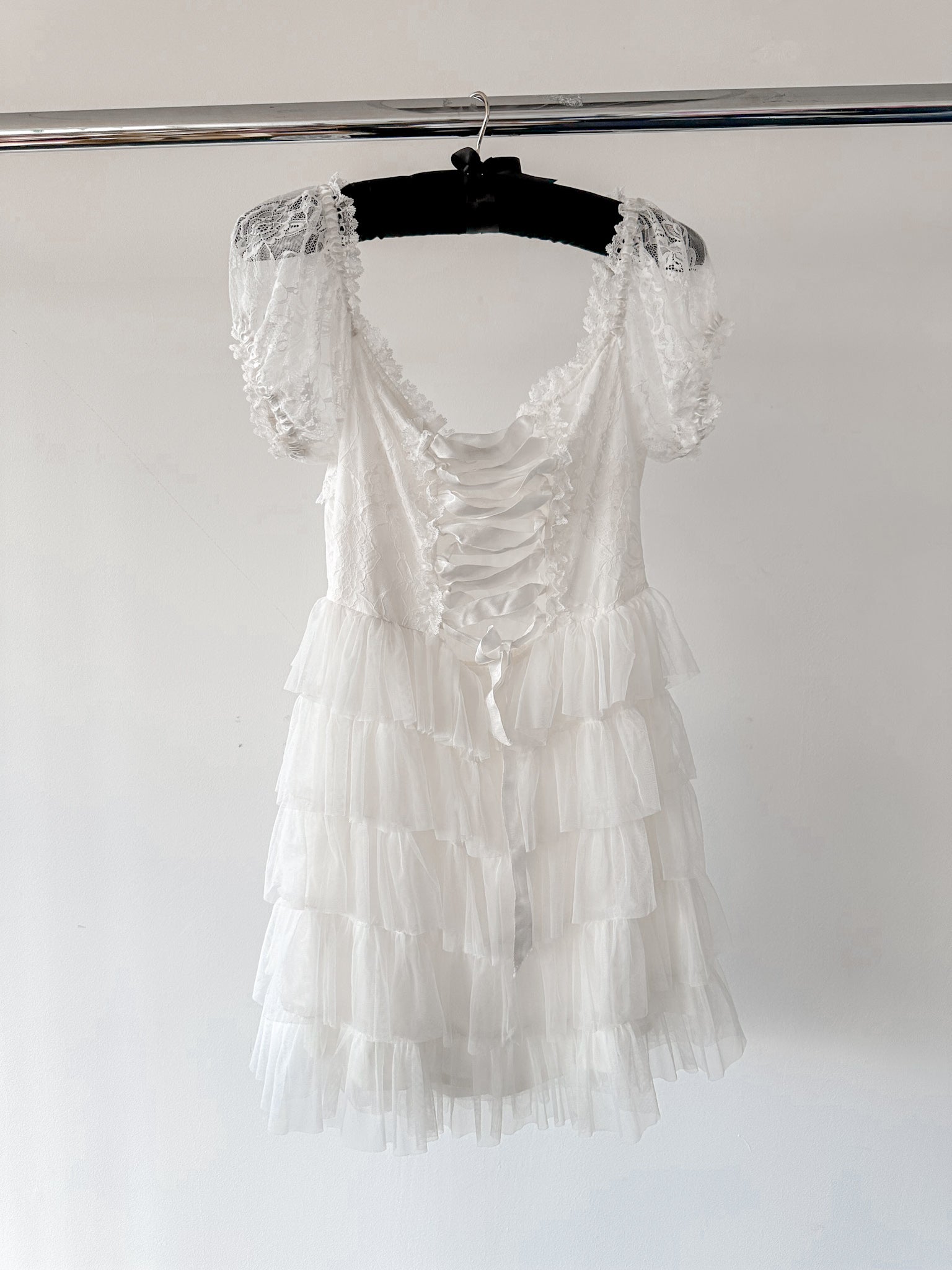 Amy Jane London White Sofia Lace Coquette Corset Style Ballerina Tulle Hem Mini Dress - House Of Huntington