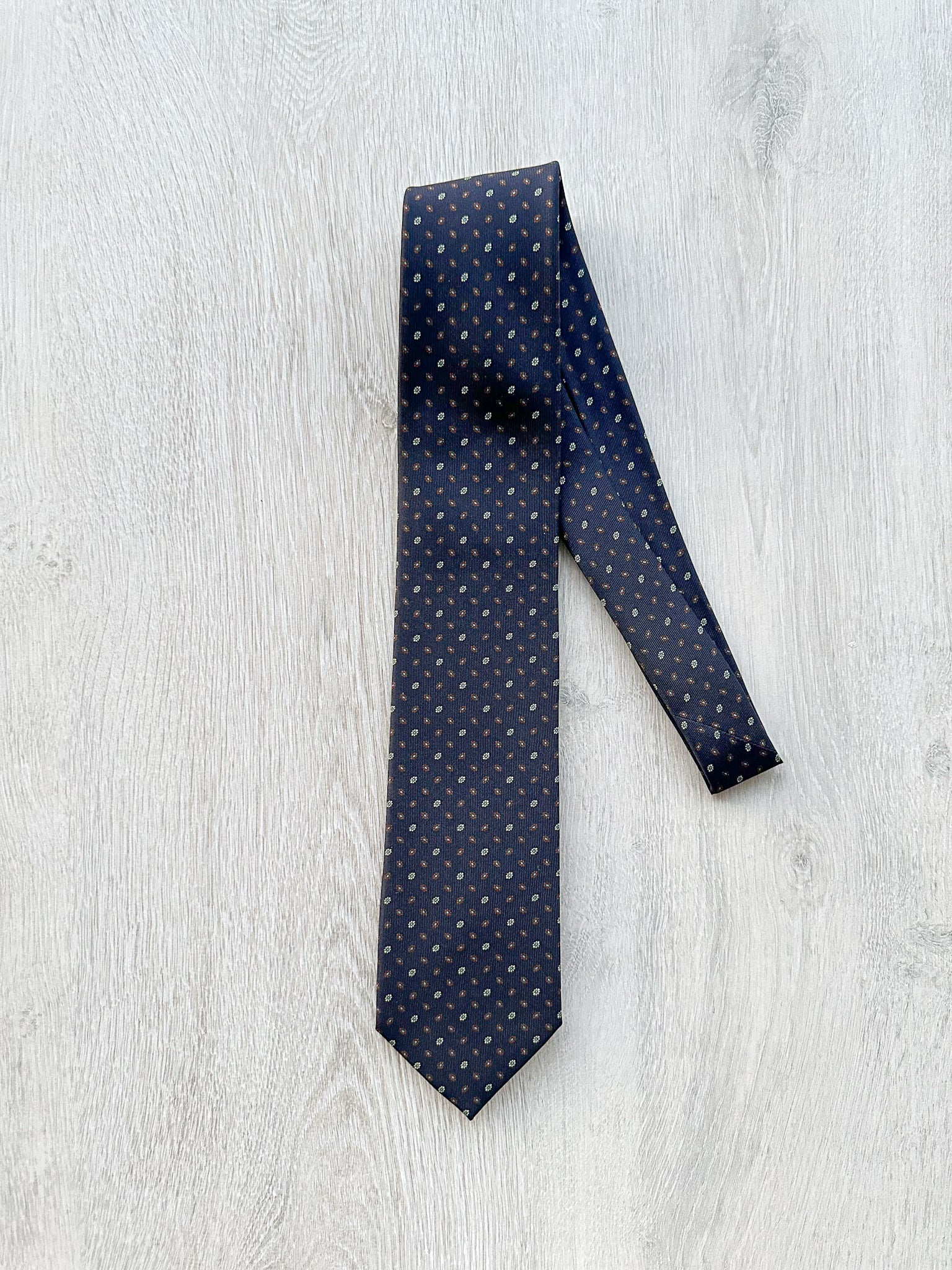 E Marinella Navy Brown Ecru Oval Floral Print Silk Tie