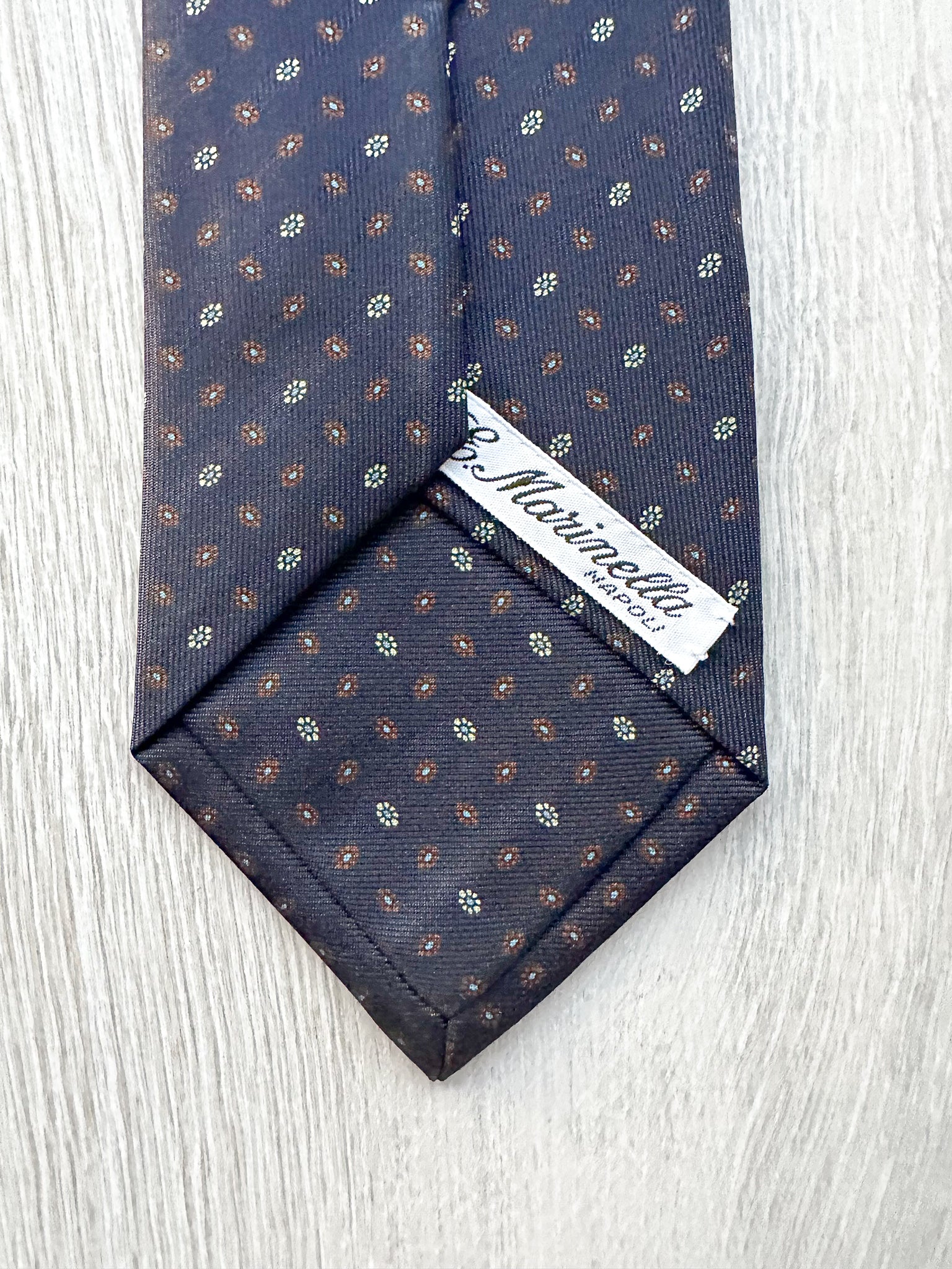 E Marinella Navy Brown Ecru Oval Floral Print Silk Tie