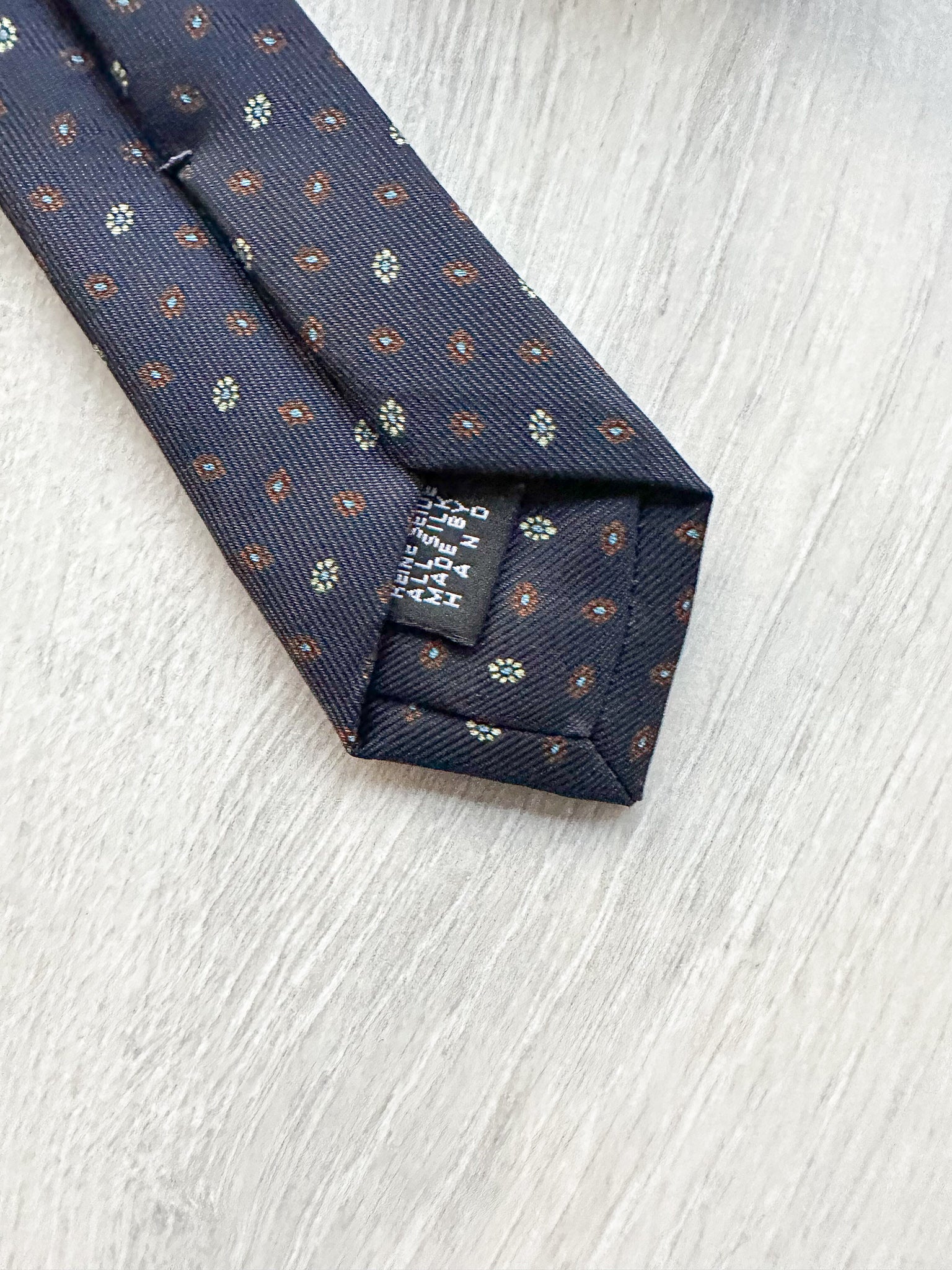 E Marinella Navy Brown Ecru Oval Floral Print Silk Tie