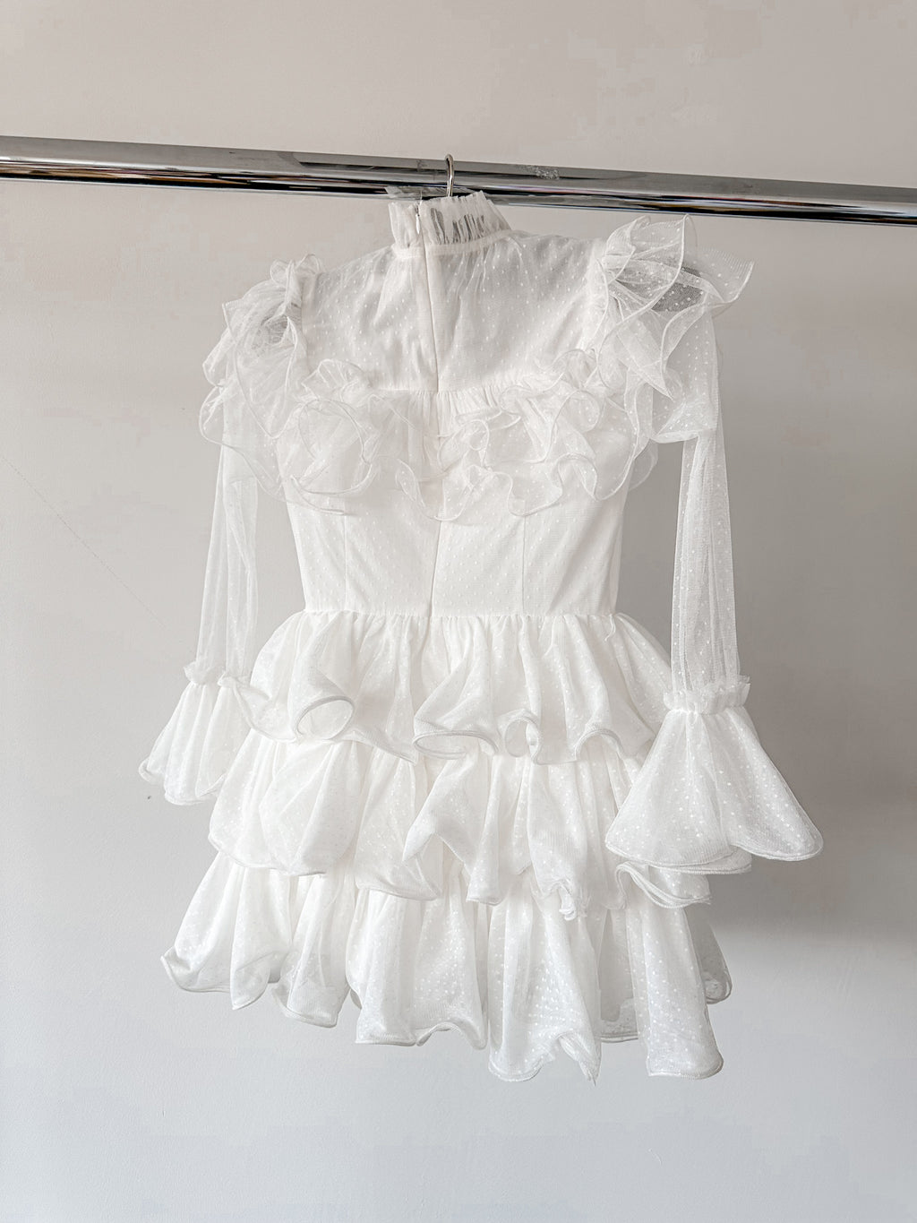 Amy Jane London White Long Sleeve Ruffle Tiered Detail Flared Evalina Mini Dress - House Of Huntington