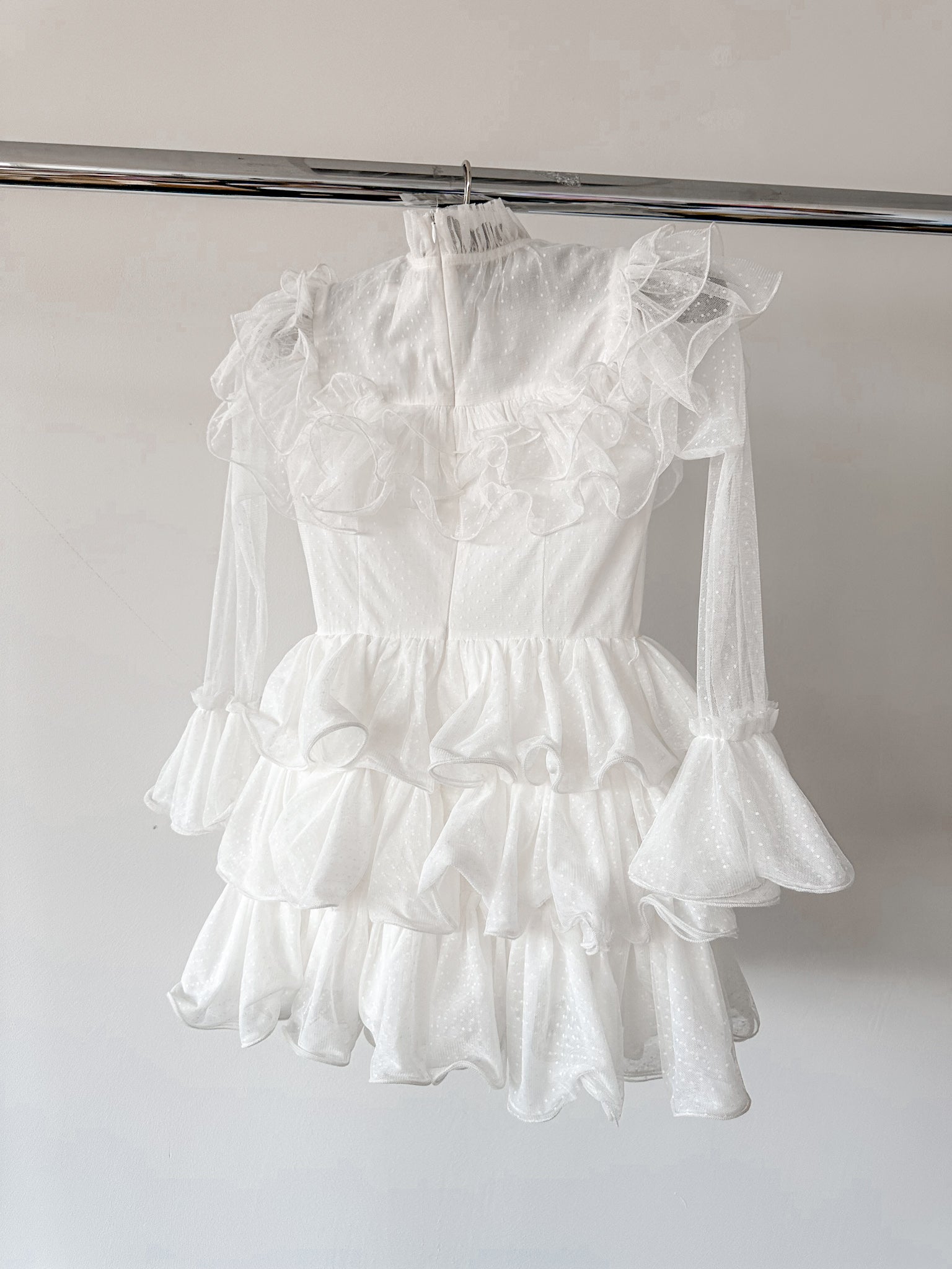 Amy Jane London White Long Sleeve Ruffle Tiered Detail Flared Evalina Mini Dress - House Of Huntington