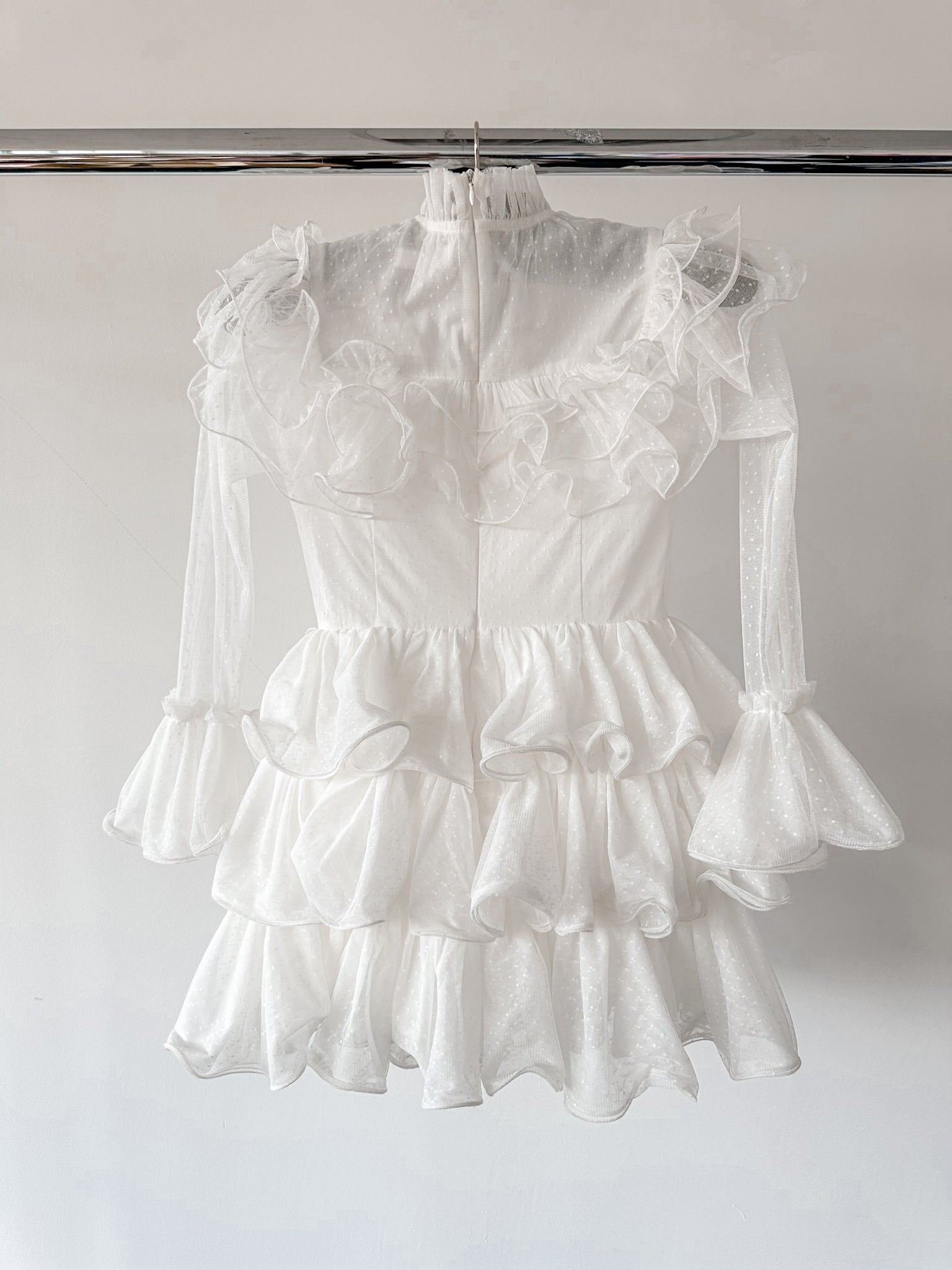 Amy Jane London White Long Sleeve Ruffle Tiered Detail Flared Evalina Mini Dress - House Of Huntington