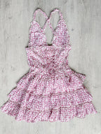 Amy Jane London Pink Ditsy Floral Bow Print Corset Lace Up Bodice Ruffle Tiered Mini Fairytale Iris Dress - House Of Huntington