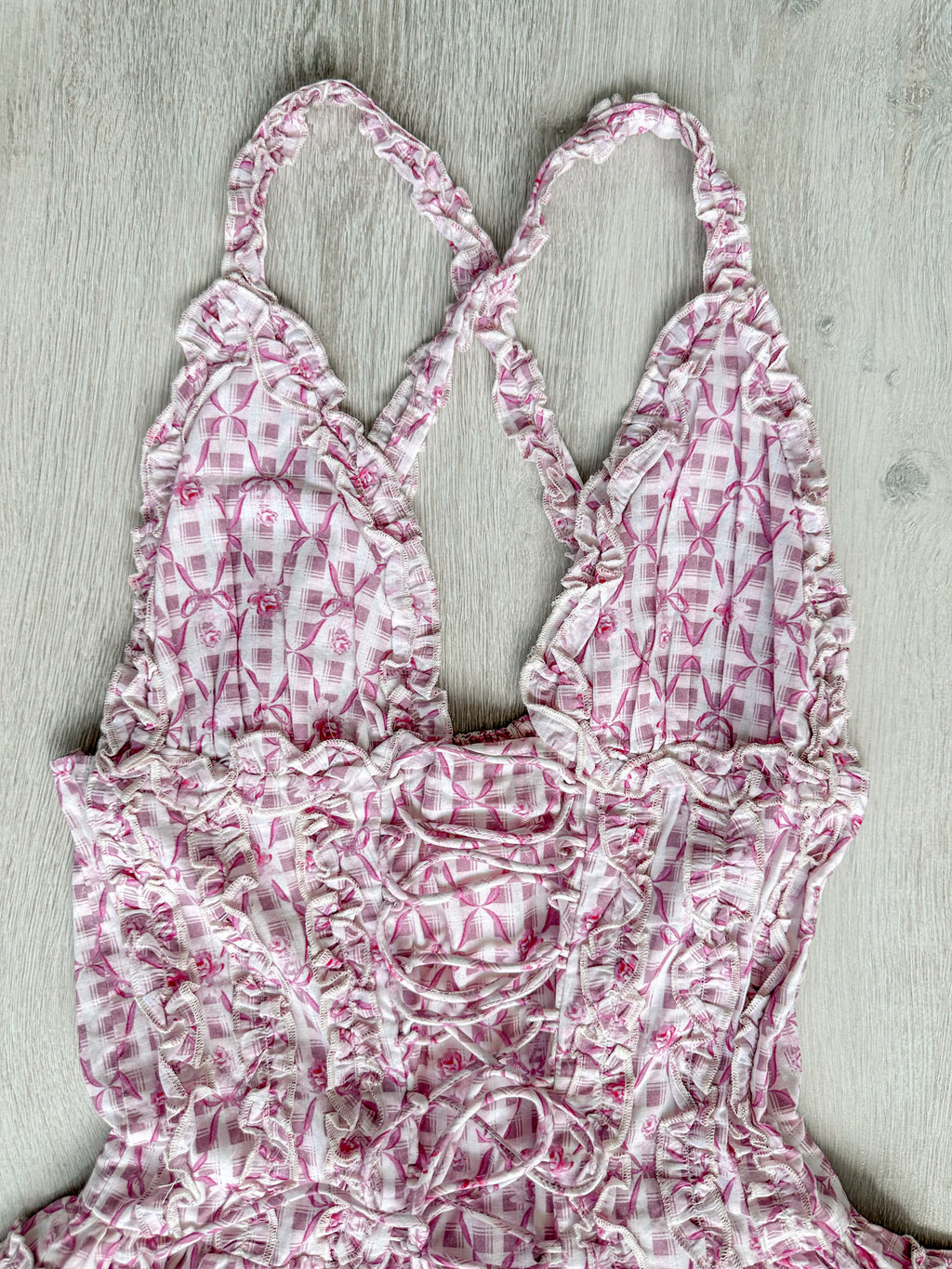 Amy Jane London Pink Ditsy Floral Bow Print Corset Lace Up Bodice Ruffle Tiered Mini Fairytale Iris Dress - House Of Huntington