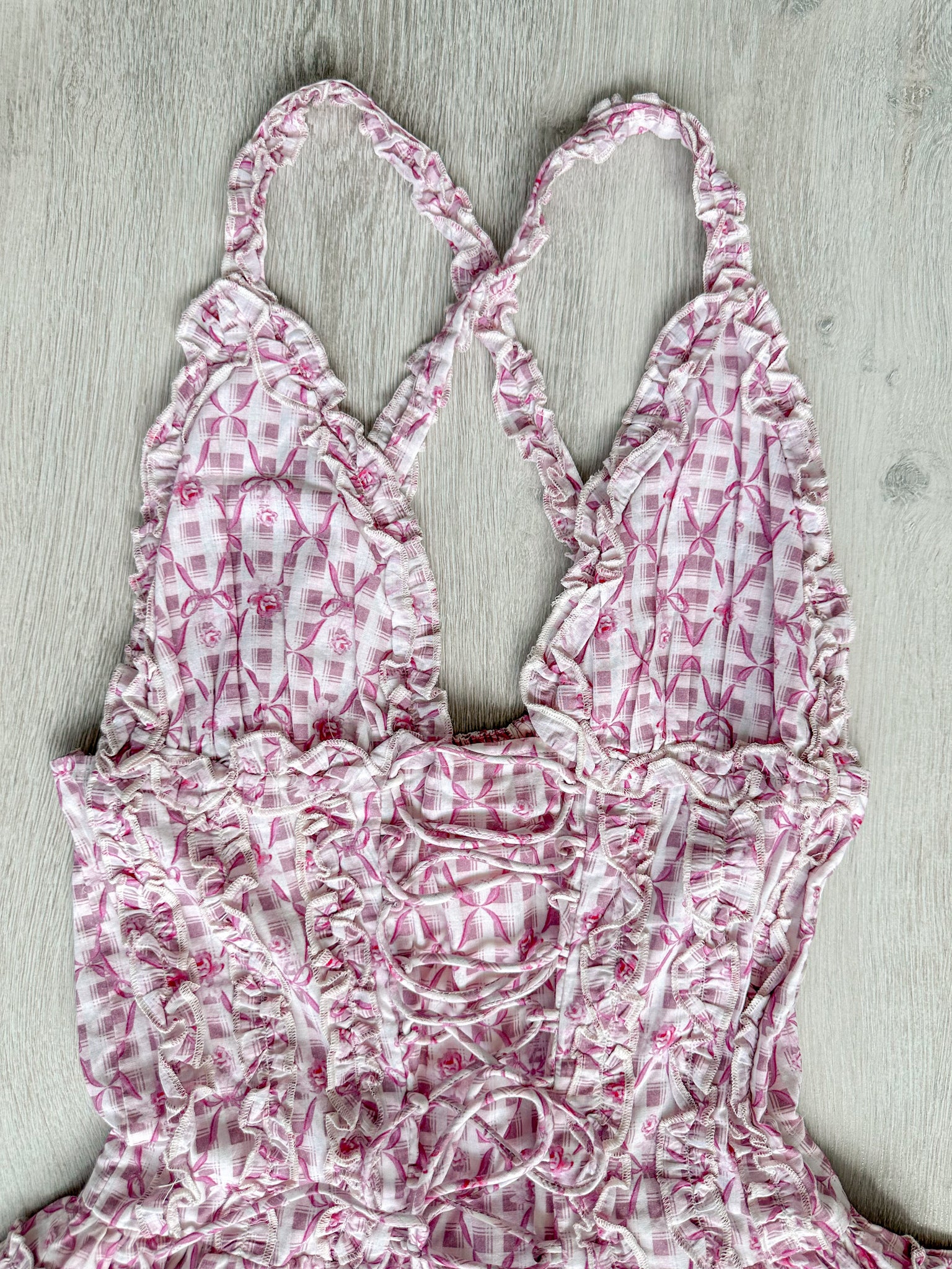 Amy Jane London Pink Ditsy Floral Bow Print Corset Lace Up Bodice Ruffle Tiered Mini Fairytale Iris Dress - House Of Huntington