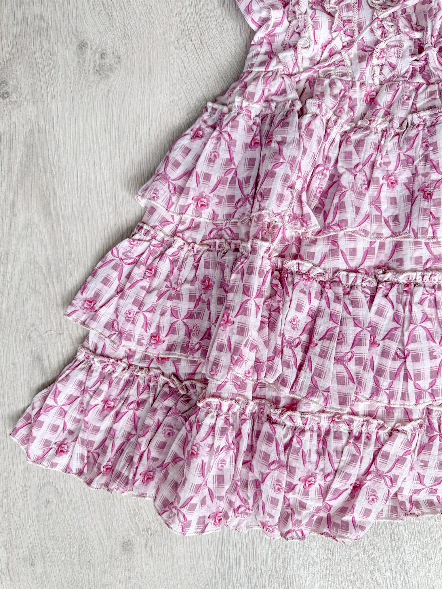 Amy Jane London Pink Ditsy Floral Bow Print Corset Lace Up Bodice Ruffle Tiered Mini Fairytale Iris Dress - House Of Huntington