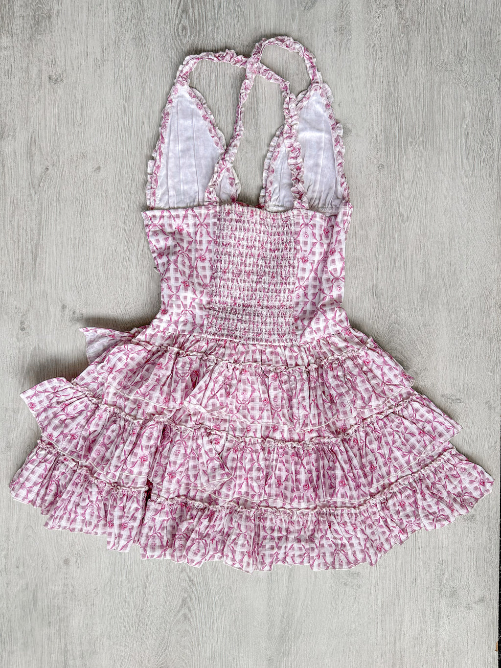 Amy Jane London Pink Ditsy Floral Bow Print Corset Lace Up Bodice Ruffle Tiered Mini Fairytale Iris Dress - House Of Huntington