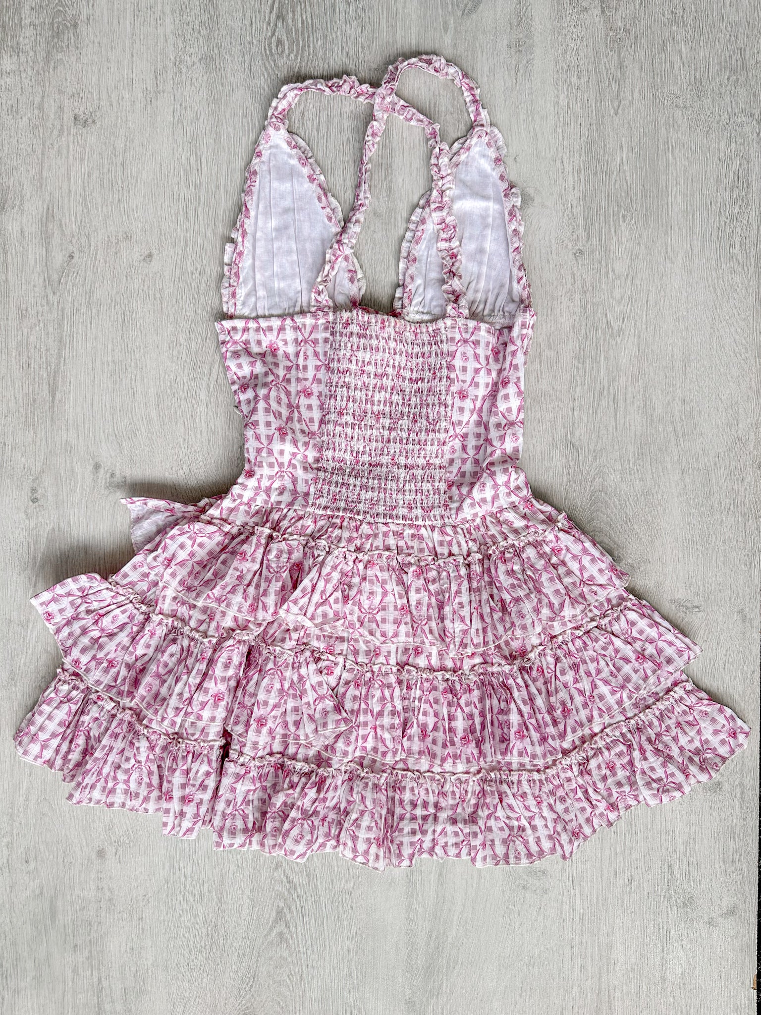 Amy Jane London Pink Ditsy Floral Bow Print Corset Lace Up Bodice Ruffle Tiered Mini Fairytale Iris Dress - House Of Huntington