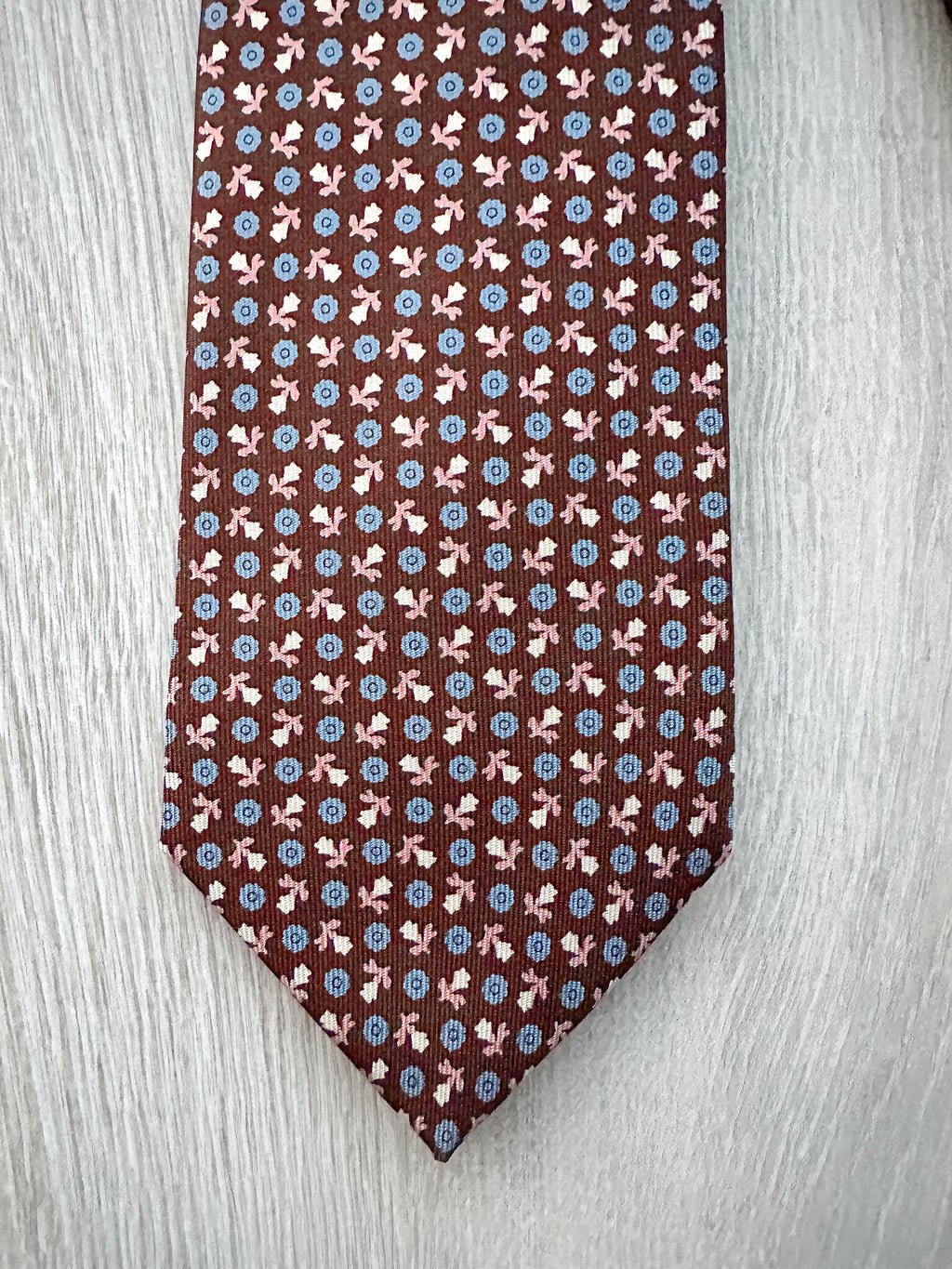 E Marinella Dark Brown Blue Floral Silk Tie