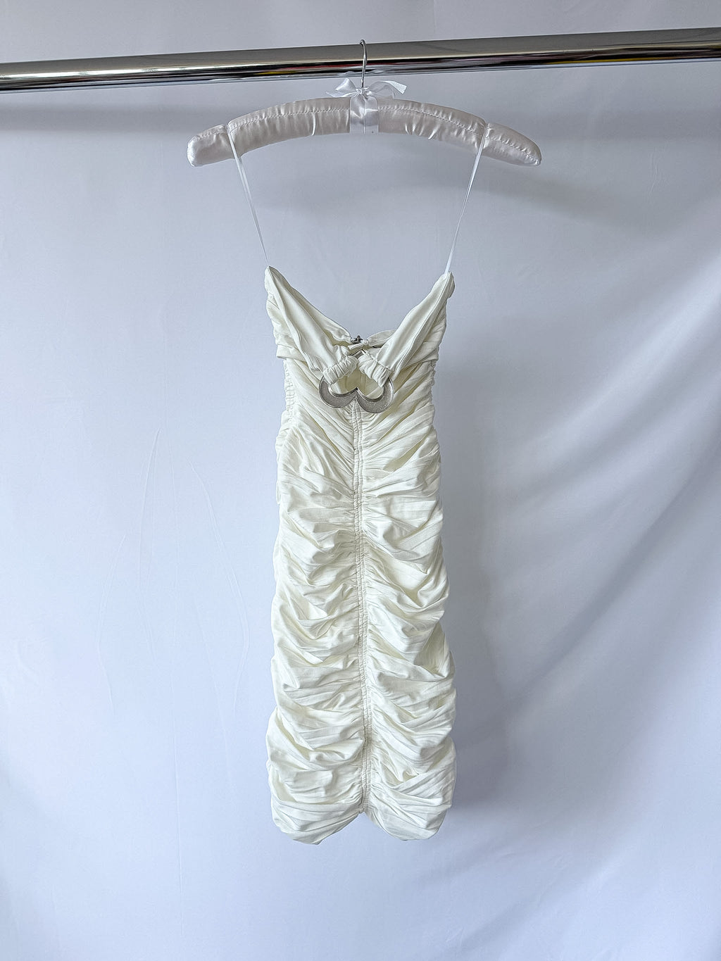 Area NYC White Heart Ring Ruched Mini Dress