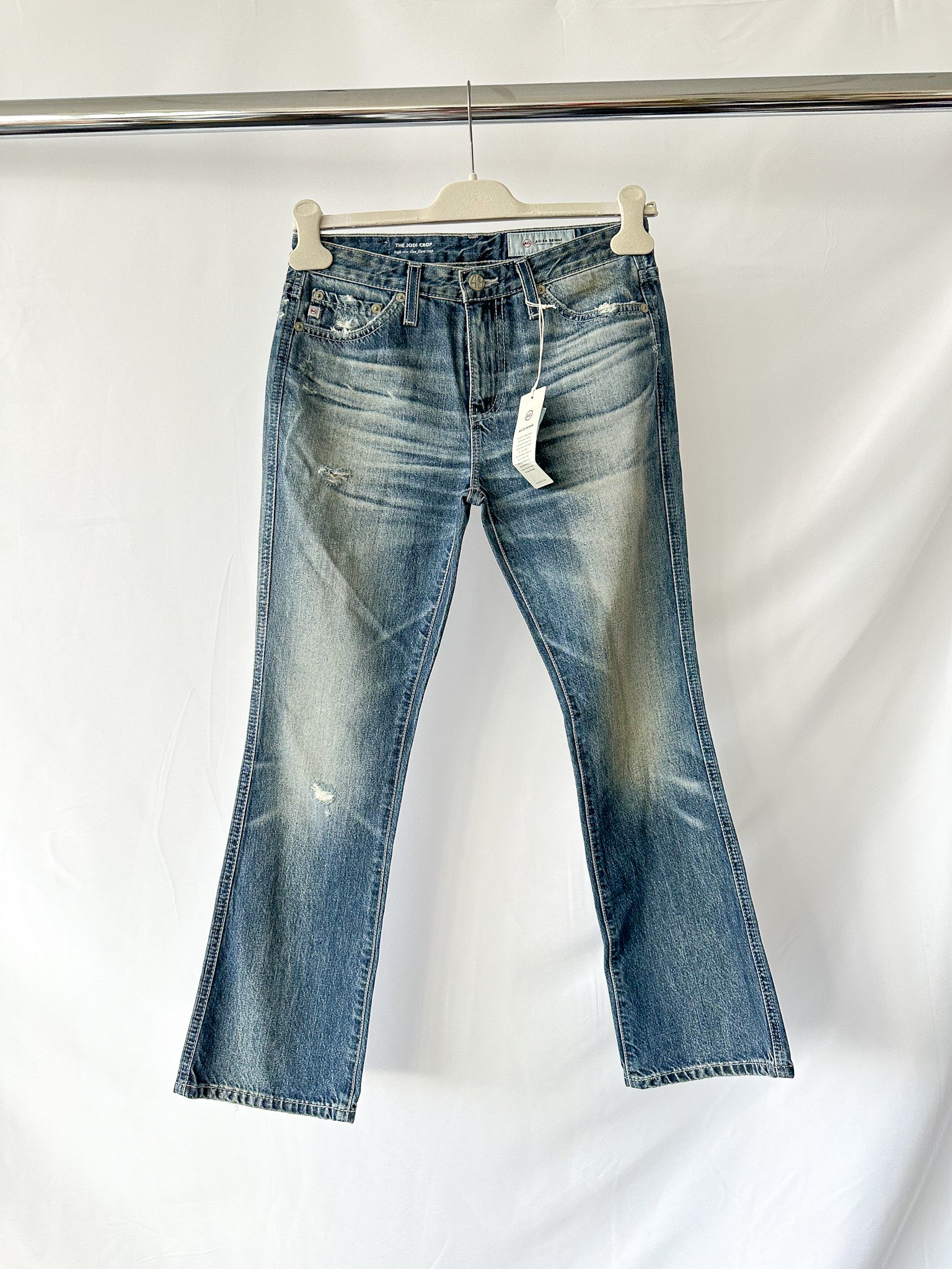 AG Jeans Denim Distressed High Rise Slim Flare Jodi Crop Jeans