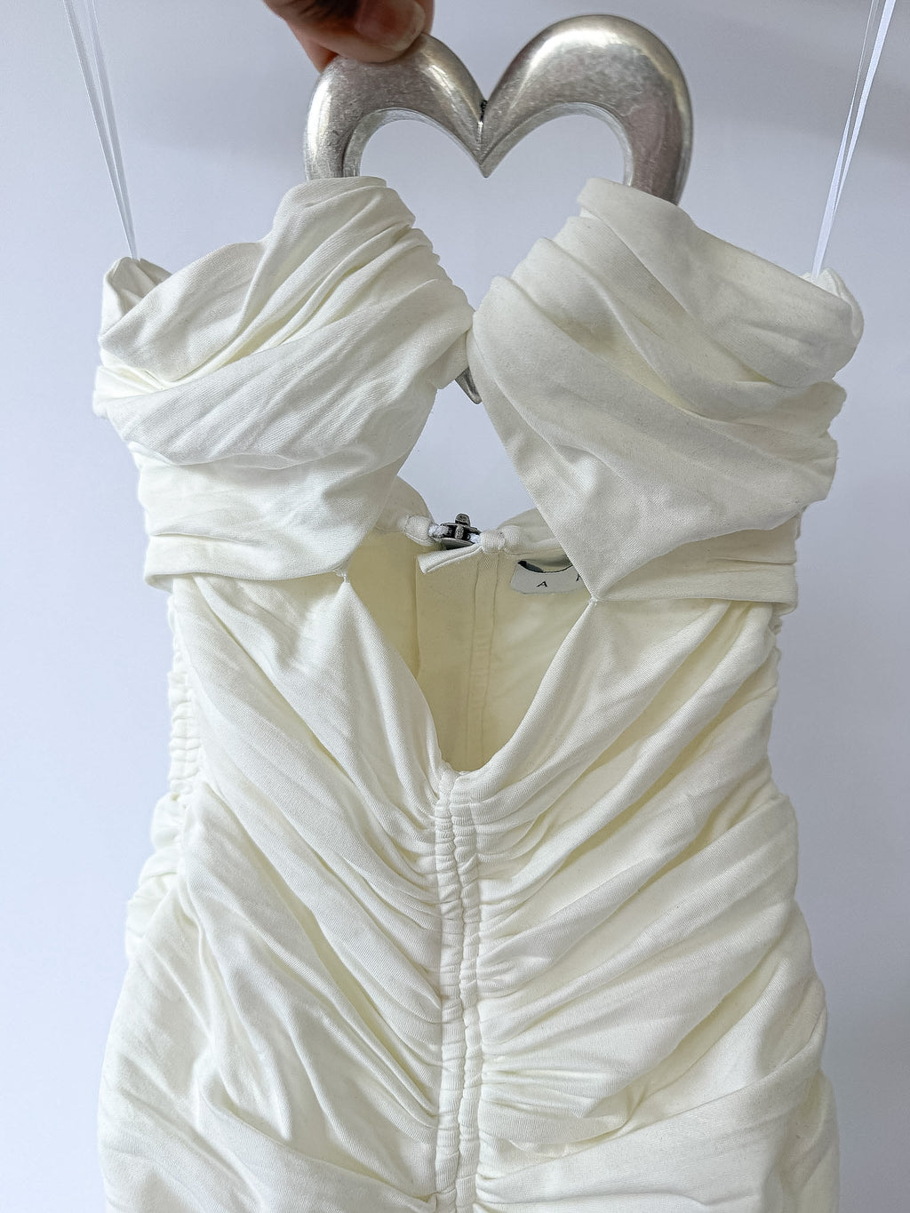 Area NYC White Heart Ring Ruched Mini Dress