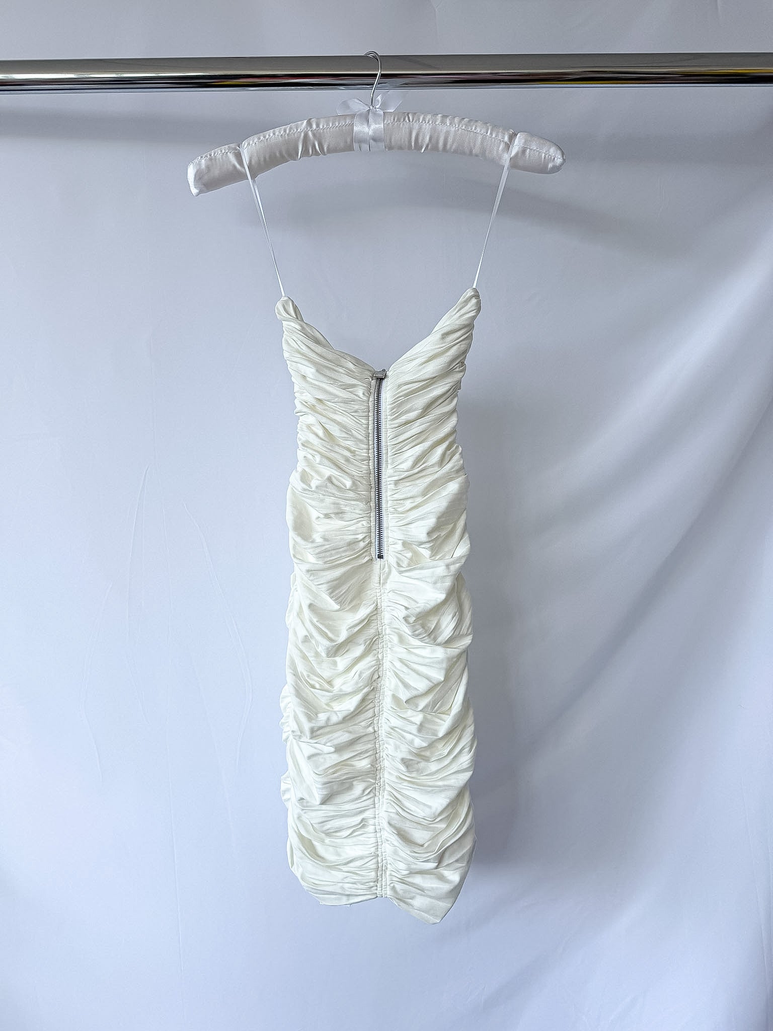 Area NYC White Heart Ring Ruched Mini Dress