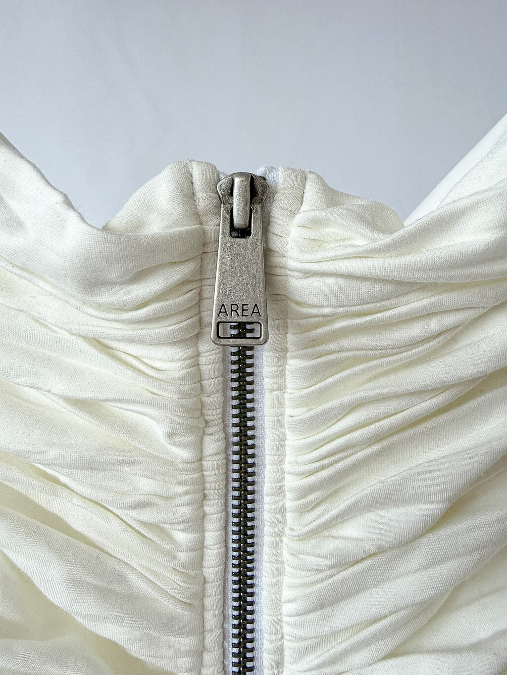 Area NYC White Heart Ring Ruched Mini Dress