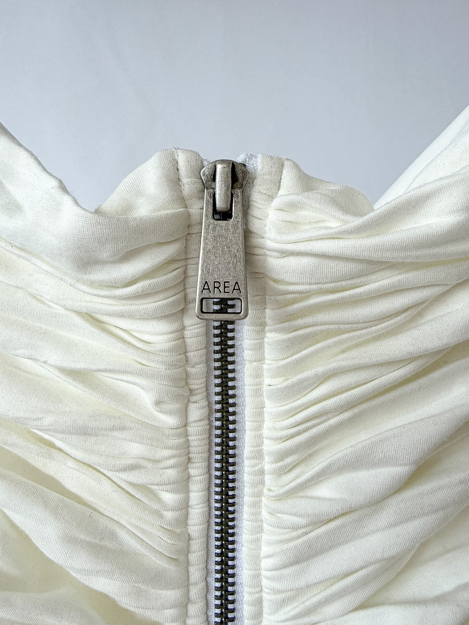 Area NYC White Heart Ring Ruched Mini Dress