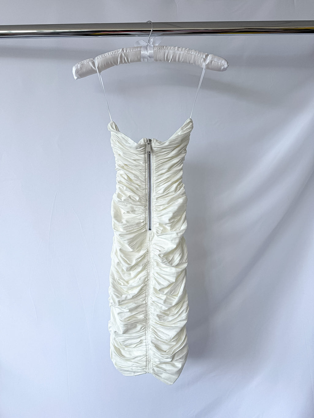 Area NYC White Heart Ring Ruched Mini Dress