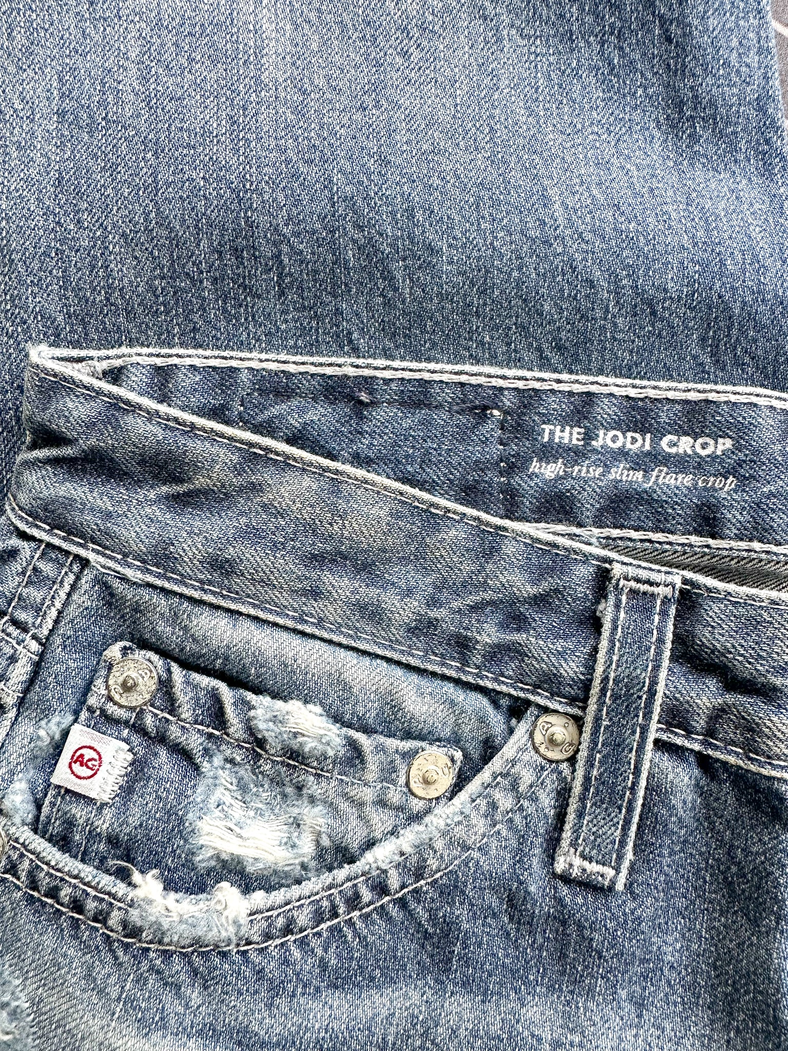 AG Jeans Denim Distressed High Rise Slim Flare Jodi Crop Jeans