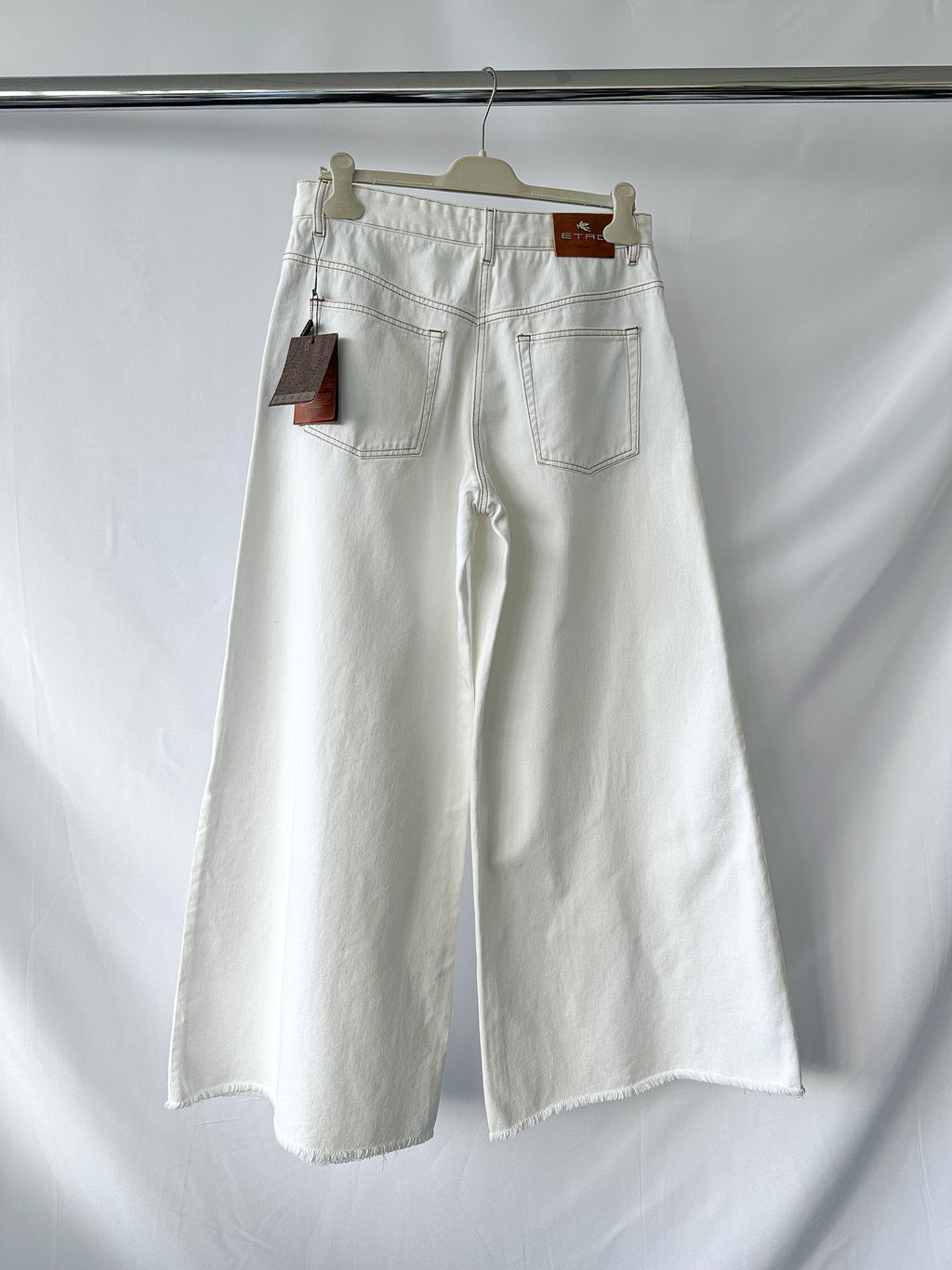 Etro White Denim  Paisley Embroidered Palazzo Wide Leg  Jeans