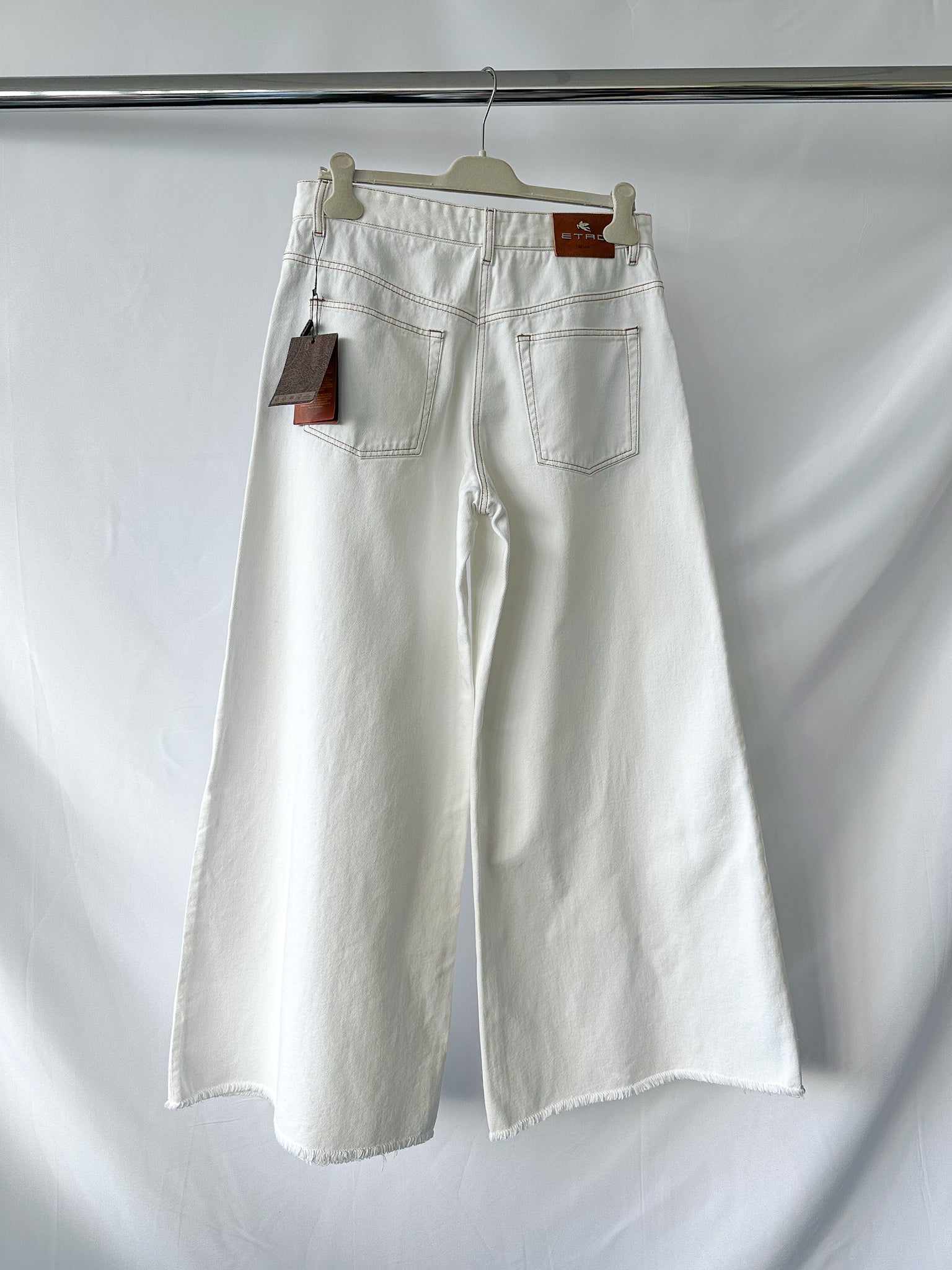 Etro White Denim  Paisley Embroidered Palazzo Wide Leg  Jeans