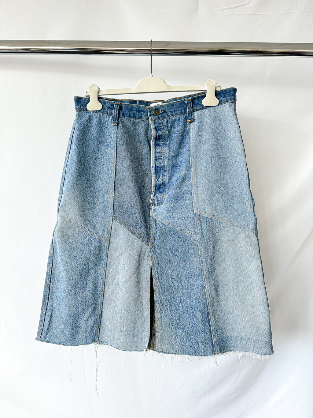 Re/Done Patchwork Denim Midi Skirt