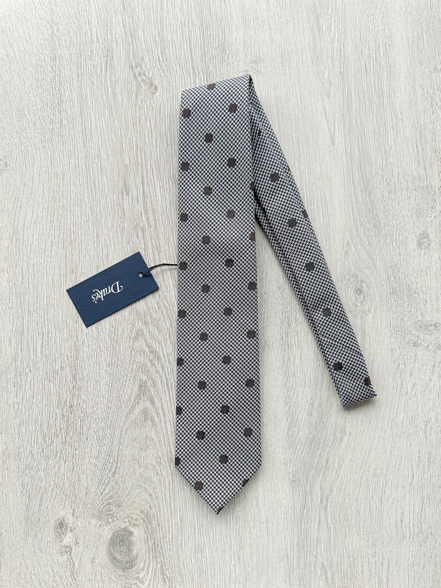 Drake's Grey Dogtooth Brown Dot Woven Tie