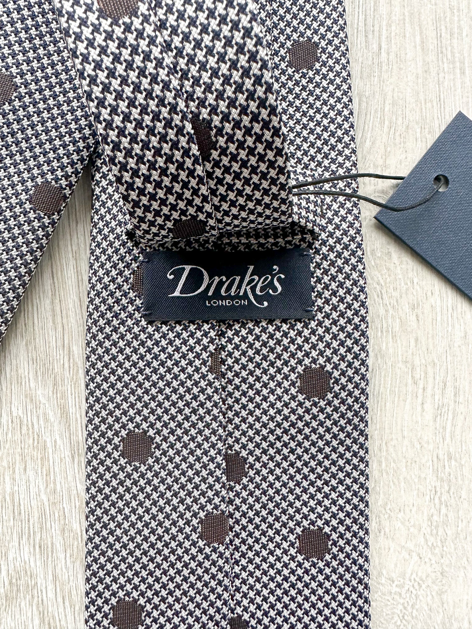 Drake's Grey Dogtooth Brown Dot Woven Tie