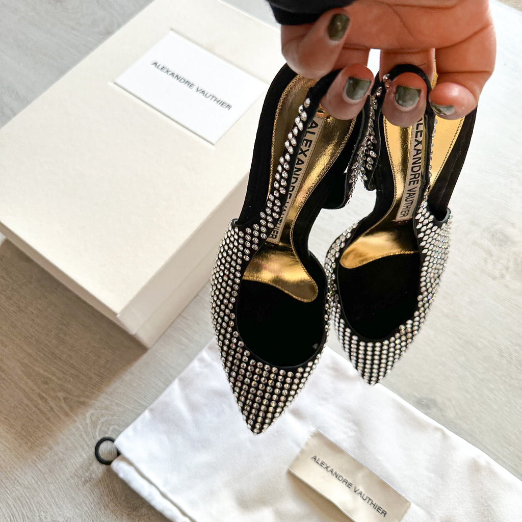 Alexandre Vauthier Black Crystal Embellished Slingback Amber Heels - House Of Huntington