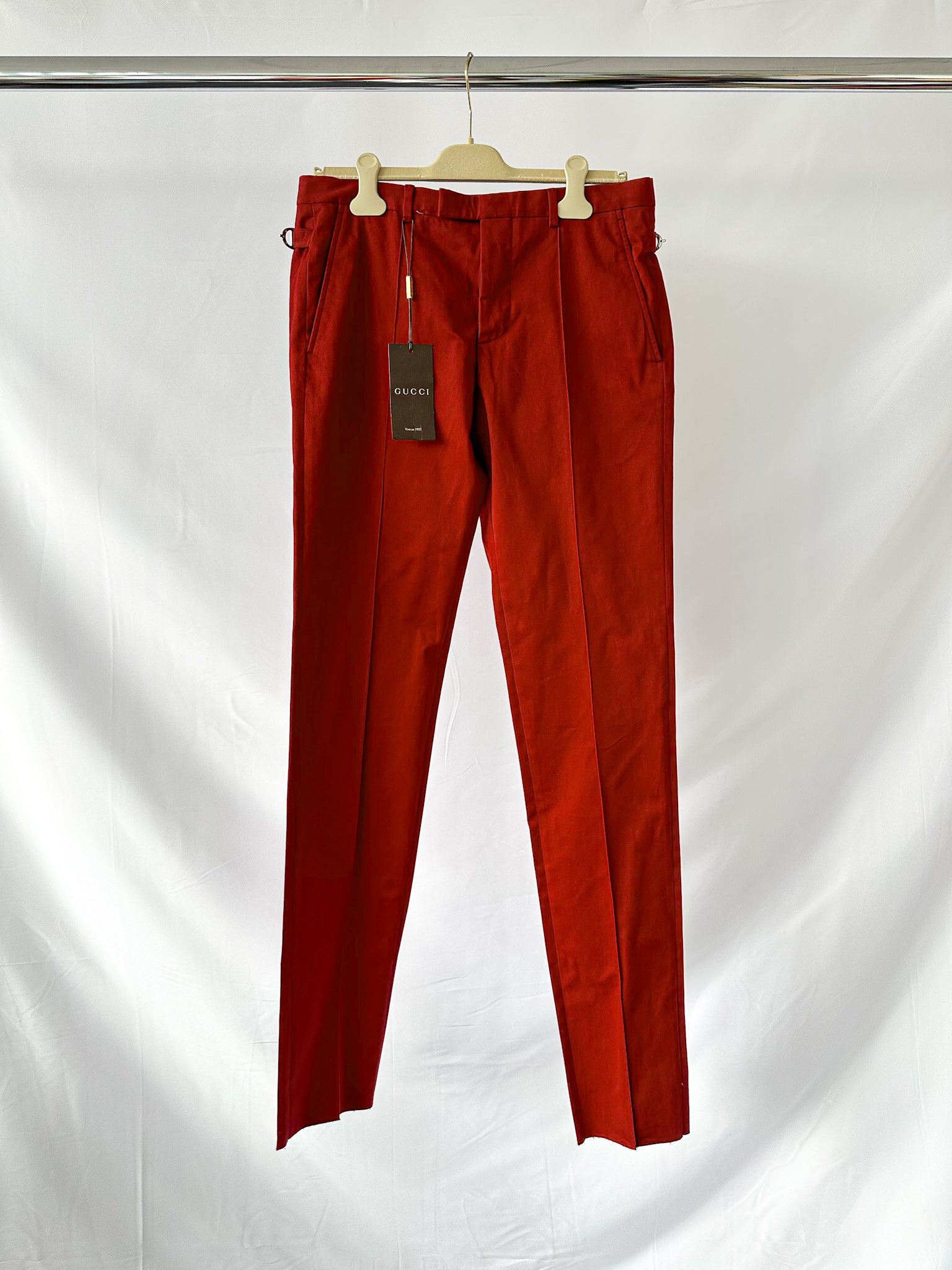 Gucci Red Tailored Fit Cotton Twill Pants Trousers