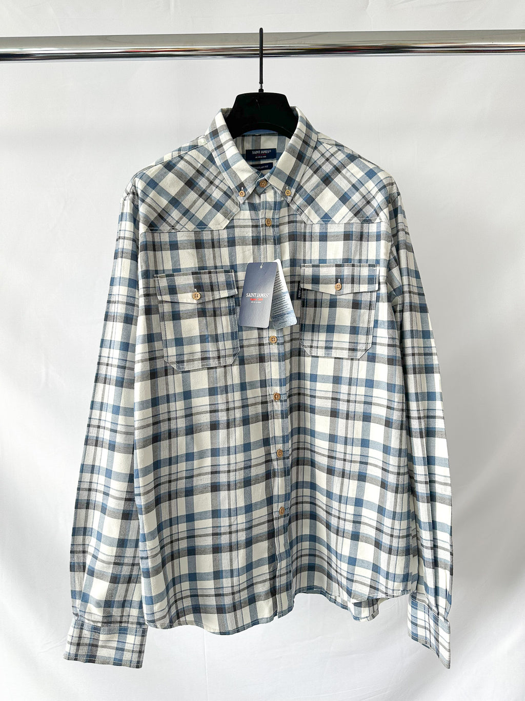 Saint James Blue Checked Shirt In Brushed Cotton